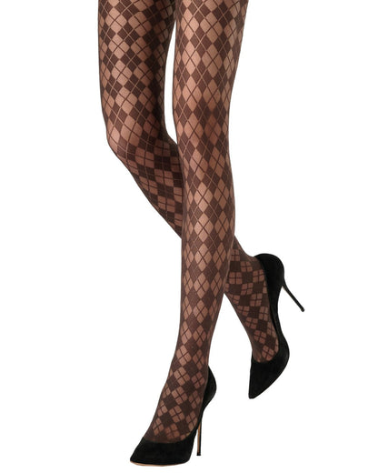 A pair of legs wearing sheer brown argyle fashion tights and black pointed-toe high heels, shown against a plain white background.