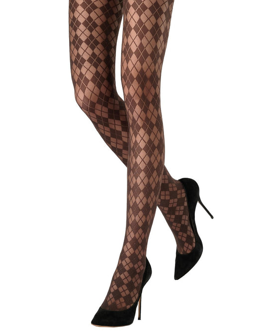 A pair of legs wearing sheer brown argyle fashion tights and black pointed-toe high heels, shown against a plain white background.