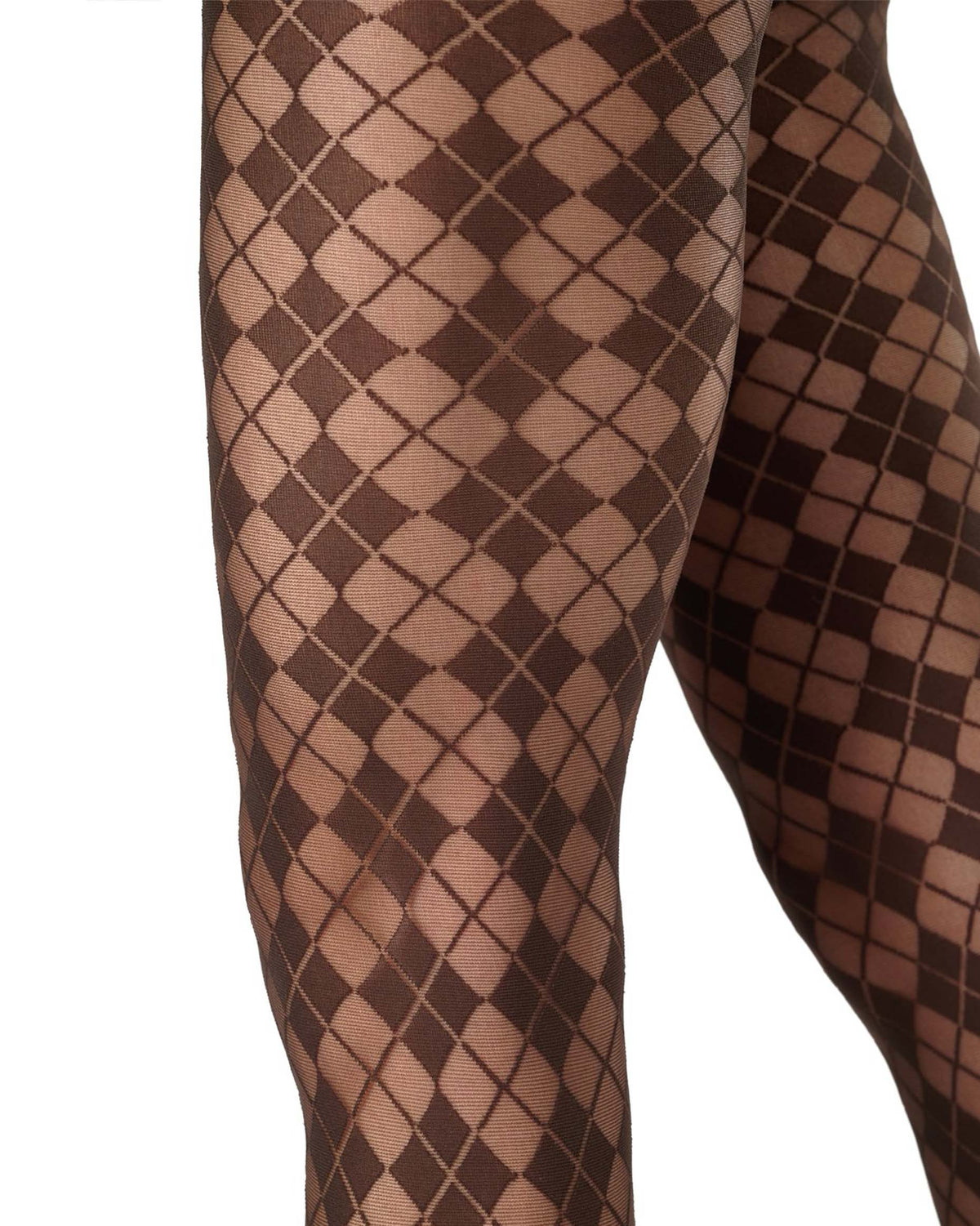 Close-up of a person's legs wearing tights with a dark brown argyle diamond pattern against a white background.