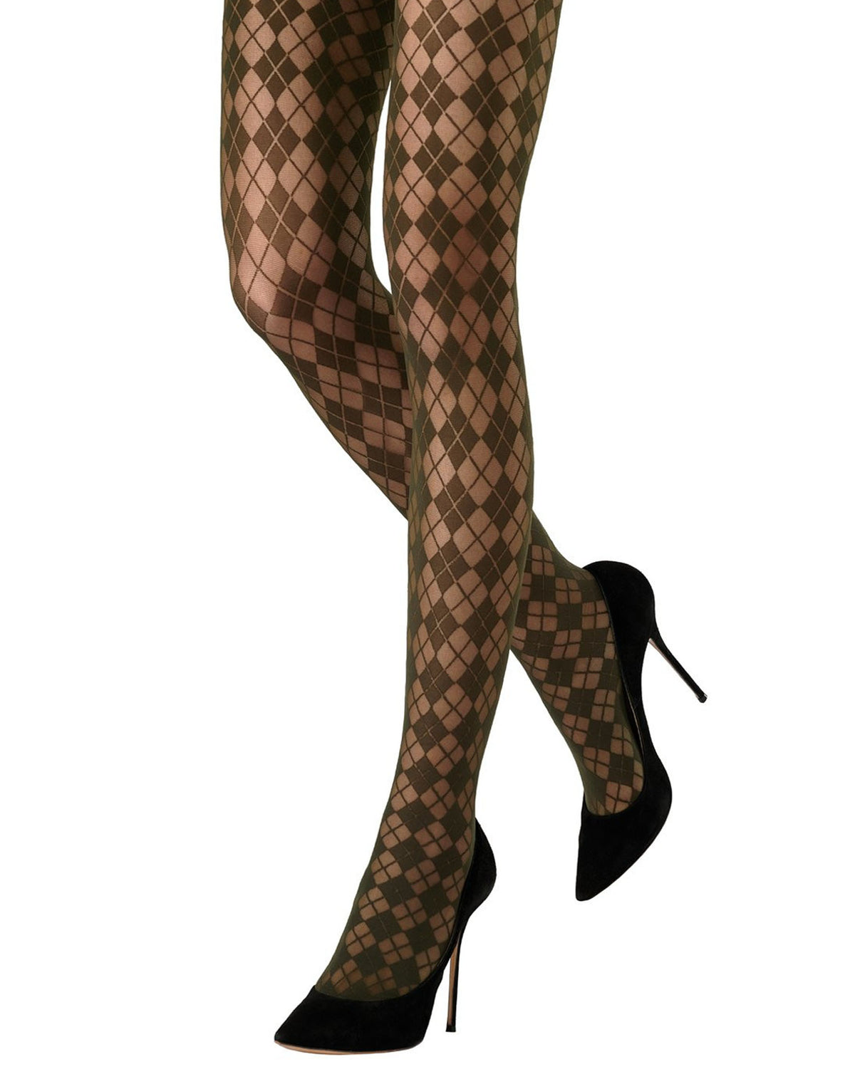A pair of legs wearing dark khaki green argyle patterned tights, paired with black pointed-toe high heels, shown against a plain white background.