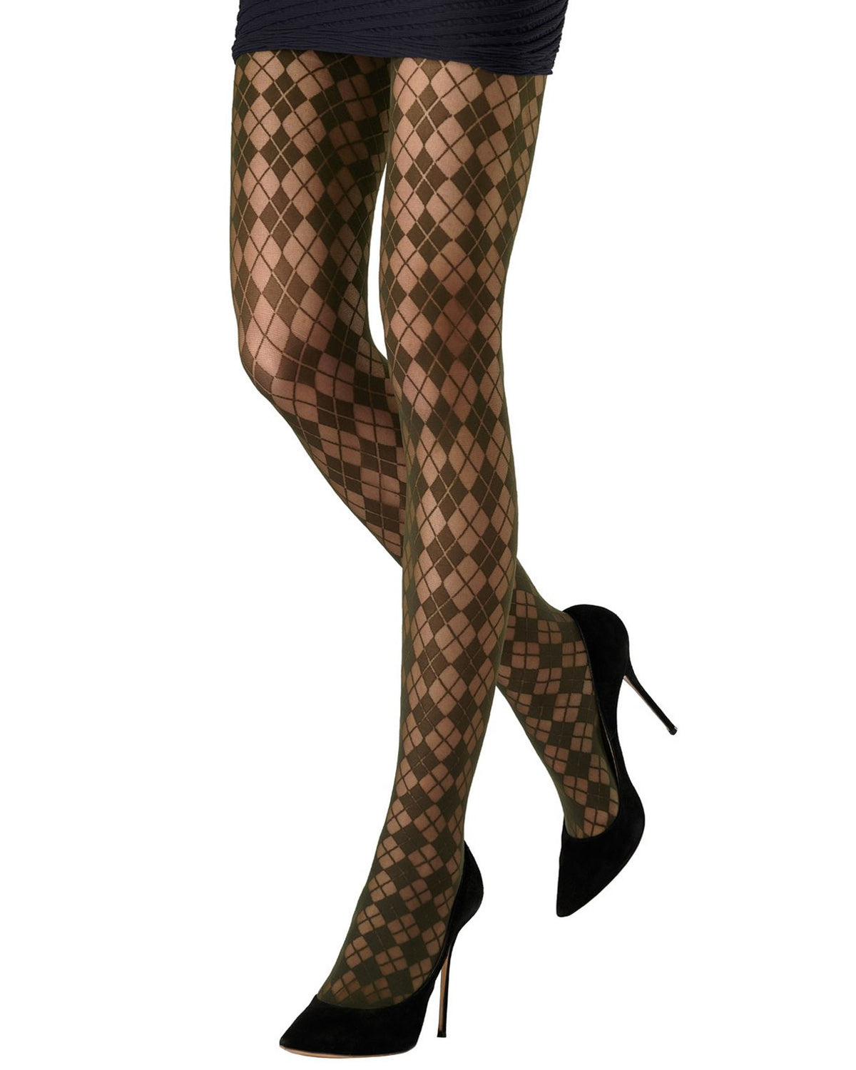 A pair of legs wearing sheer dark khaki green argyle tights, paired with black pointed-toe high heels against a plain white background.