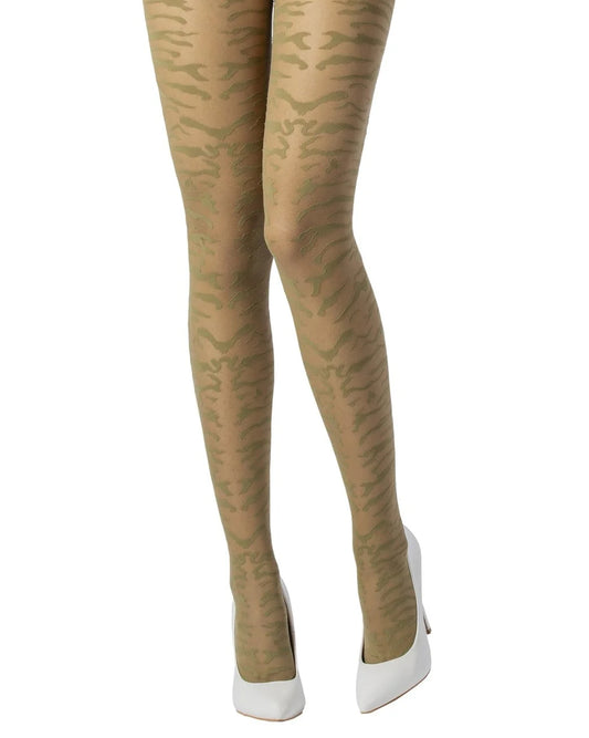 Emilio Cavallini 5D55.1.8 Animalier Tights - sheer khaki green tiger print animal patter fashion tights, worn with white stilettos.