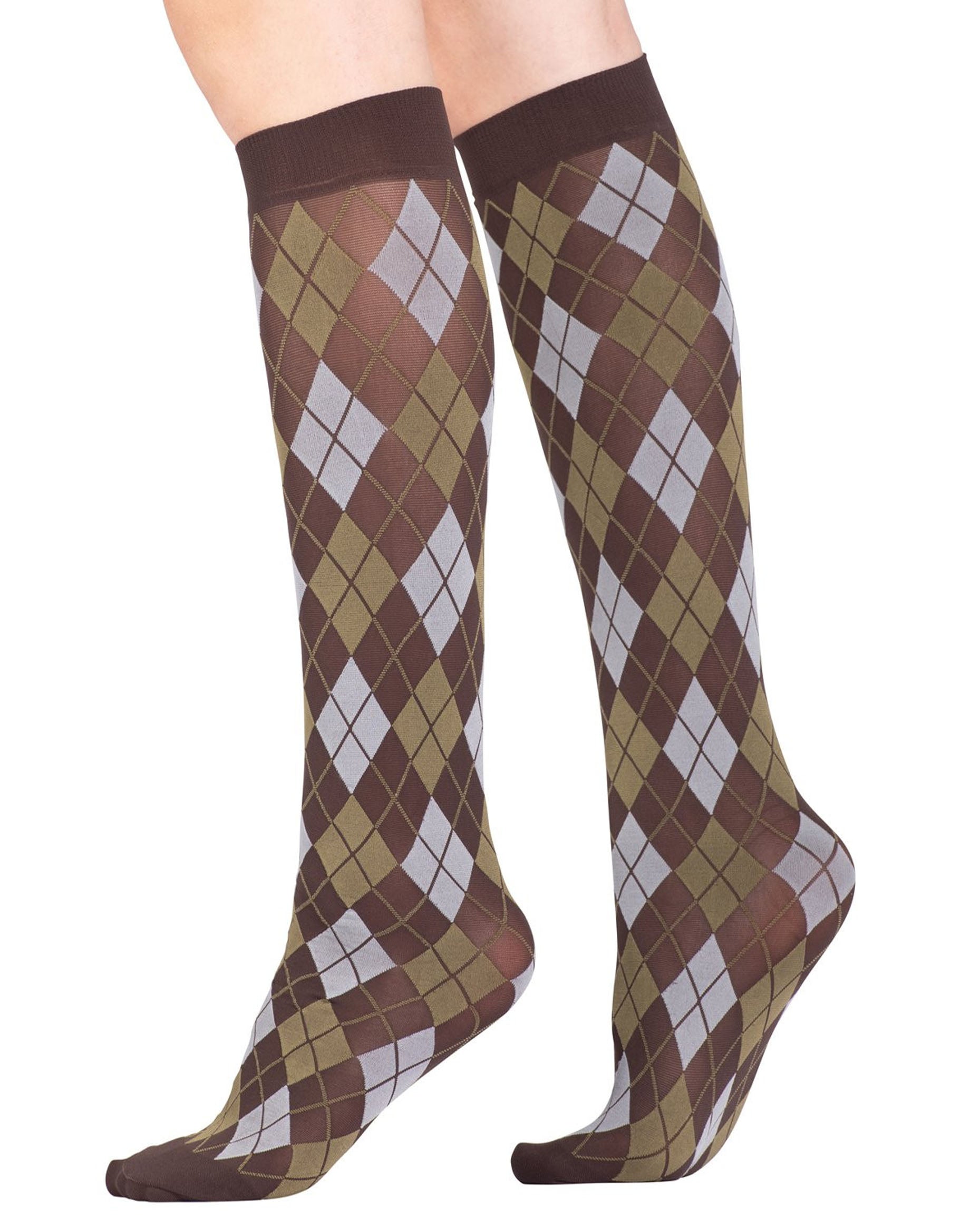 Emilio Cavallini Argyle Socks - Matte brown opaque fashion knee-high socks with a diamond argyle pattern in khaki green and light grey, deep elasticated cuff and reinforced toe.
