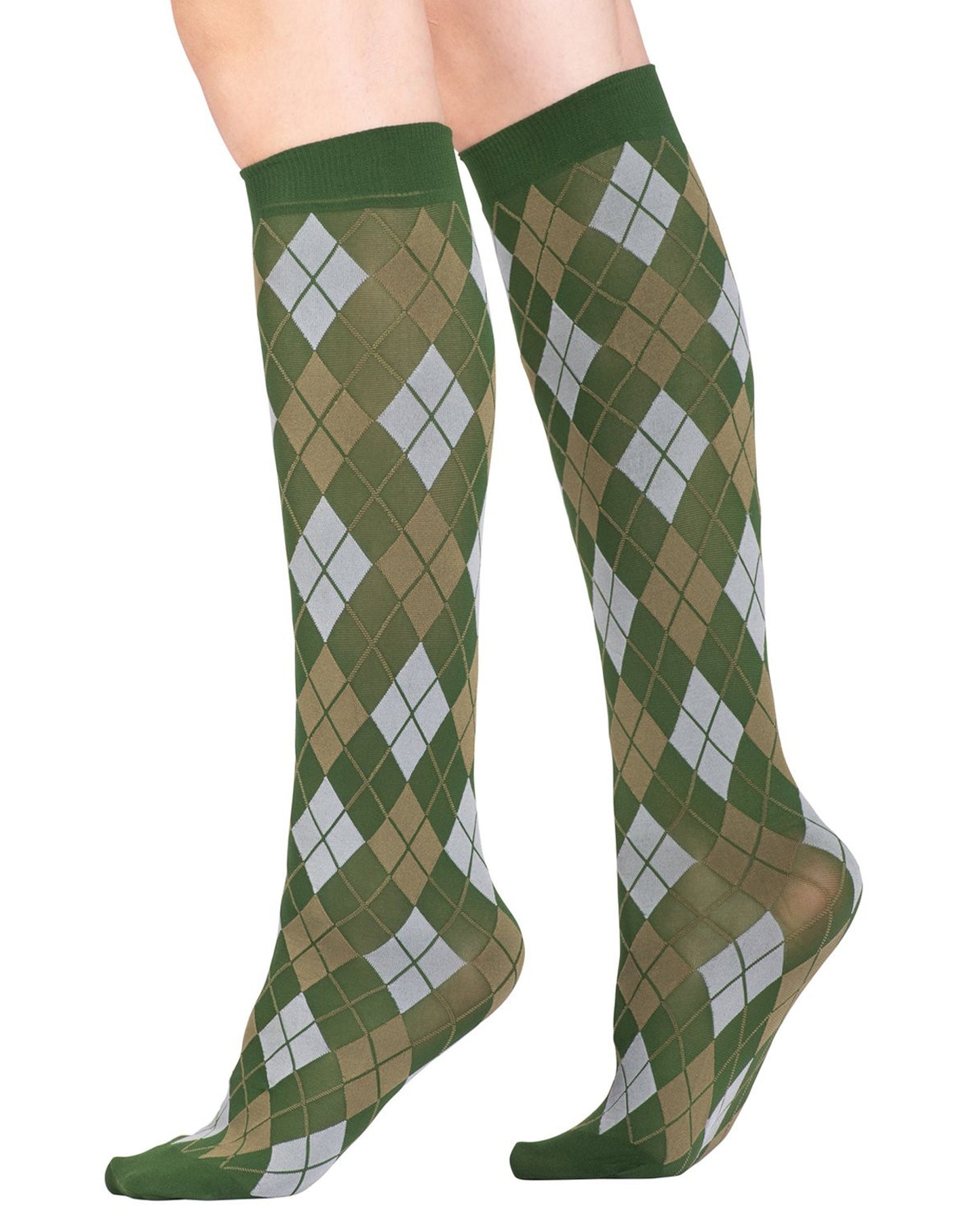 Emilio Cavallini Argyle Socks - Matte olive green opaque fashion knee-high socks with a diamond argyle pattern in khaki green and light grey, deep elasticated cuff and reinforced toe.