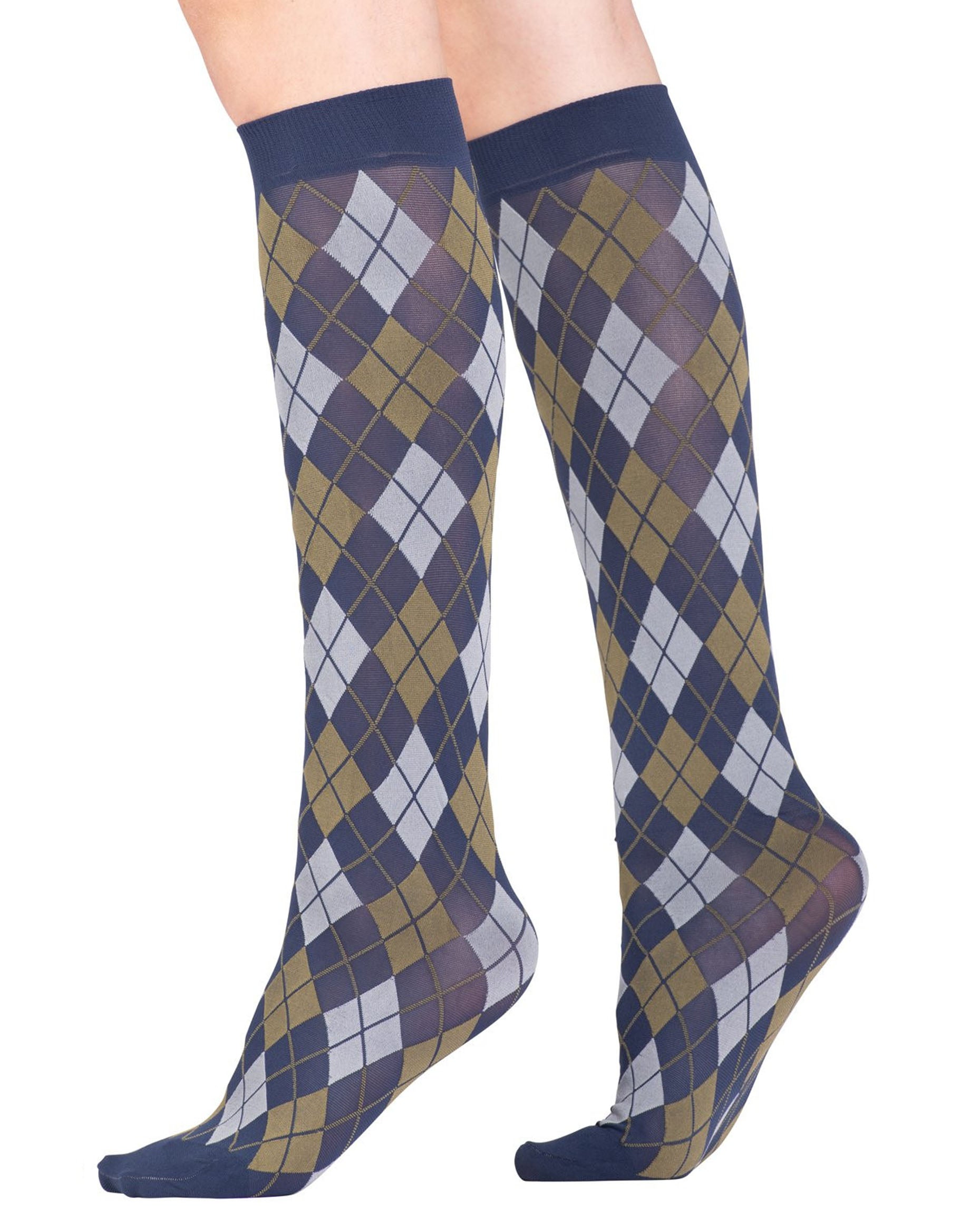 Emilio Cavallini Argyle Socks - Matte navy blue opaque fashion knee-high socks with a diamond argyle pattern in khaki green and light grey, deep elasticated cuff and reinforced toe.