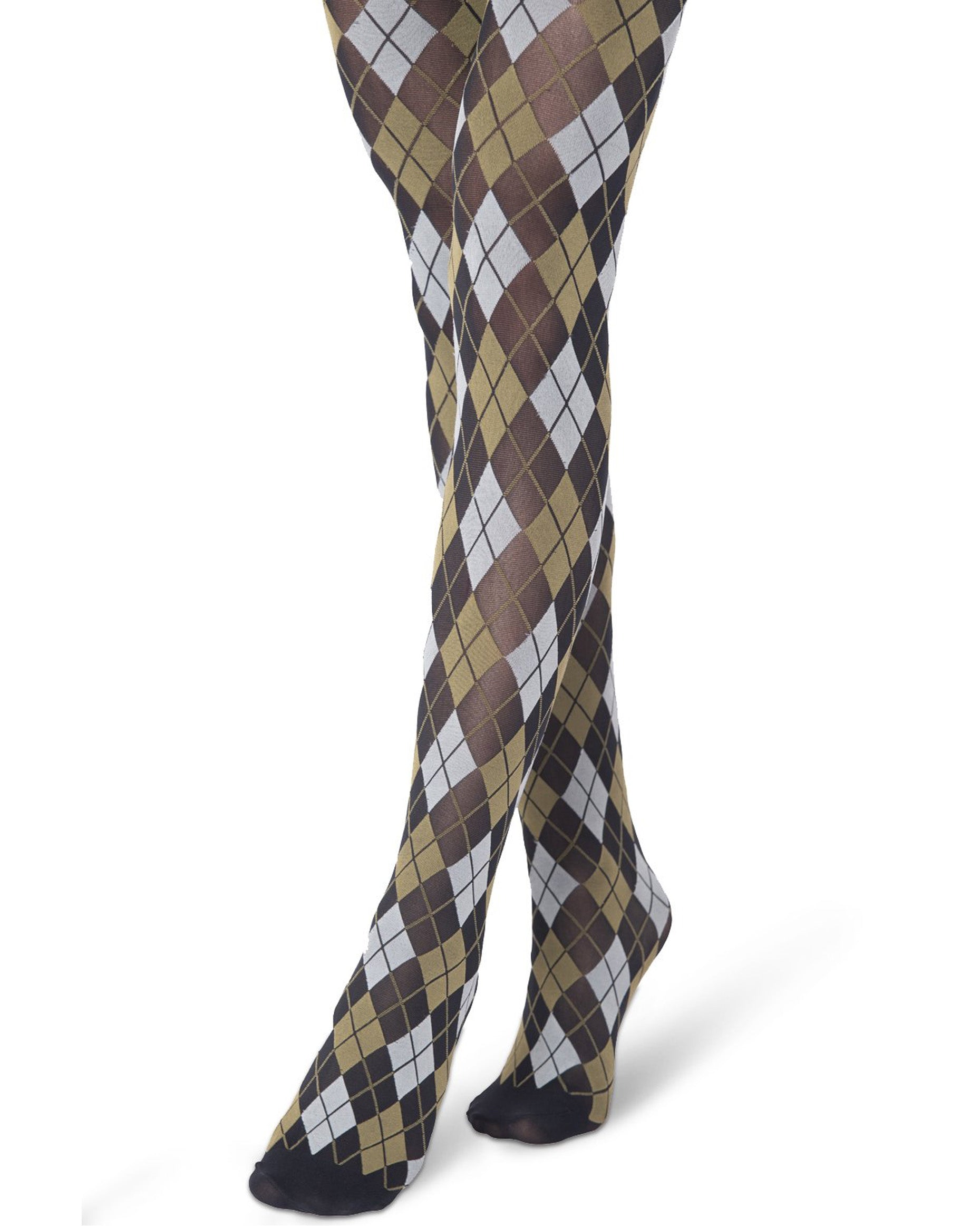 Emilio Cavallini Argyle Tights - Matte opaque black fashion tights with a diamond argyle pattern in khaki green and light grey and black reinforced toe.