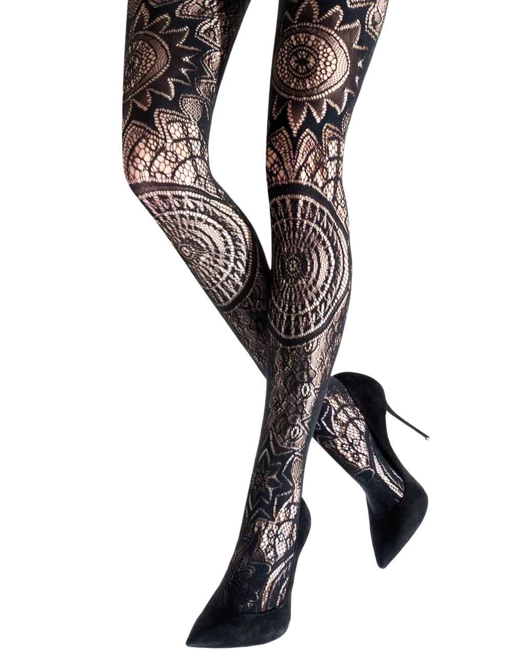 Emilio Cavallini Gothic Lace Tights - Black openwork lace tights in a gothic mandala style