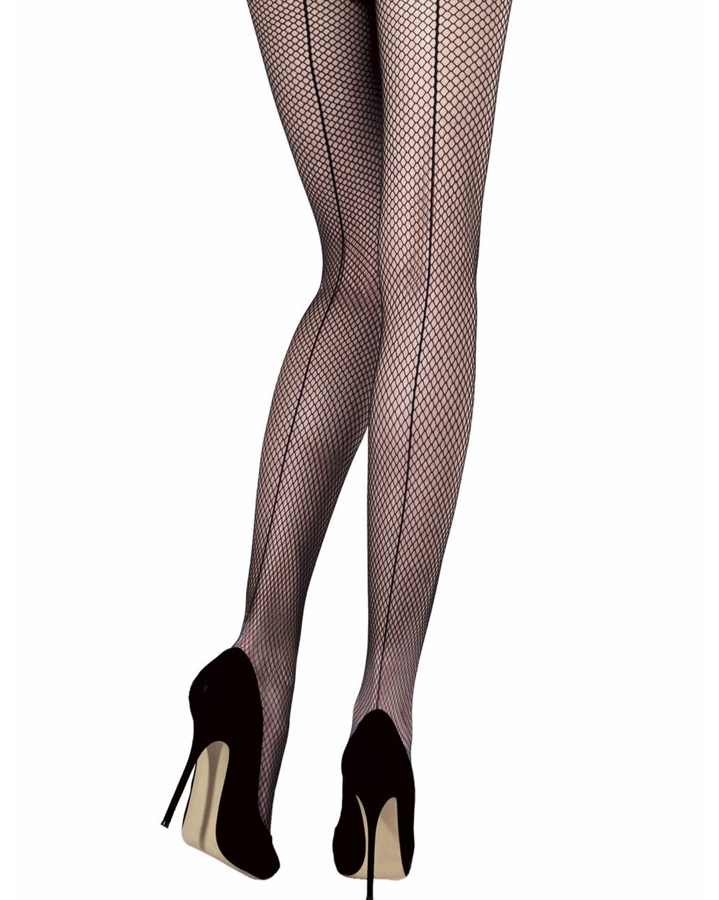 Back Seam Fishnet Tights - Black classic fishnet tights with a back seam line.