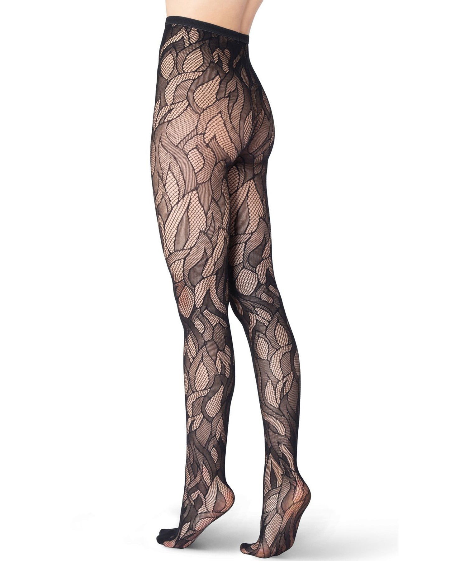 Emilio Cavallini Flames Tights - Black open fishnet tights with a stylised flame pattern, seamless body and micro-mesh toe.