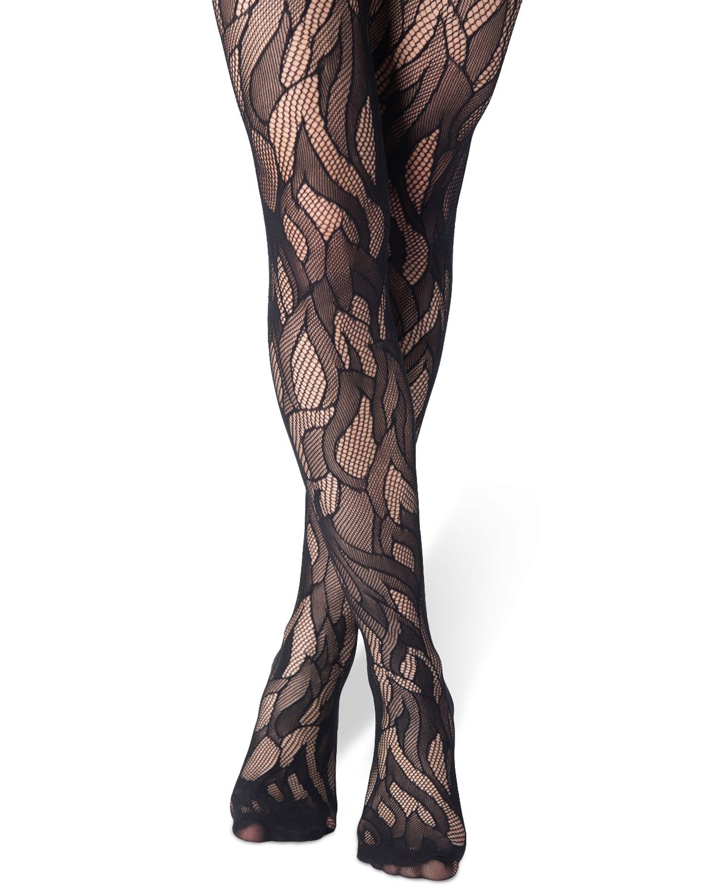 Emilio Cavallini Flames Tights - Black open fishnet tights with a stylised flame pattern and micro-mesh toe.