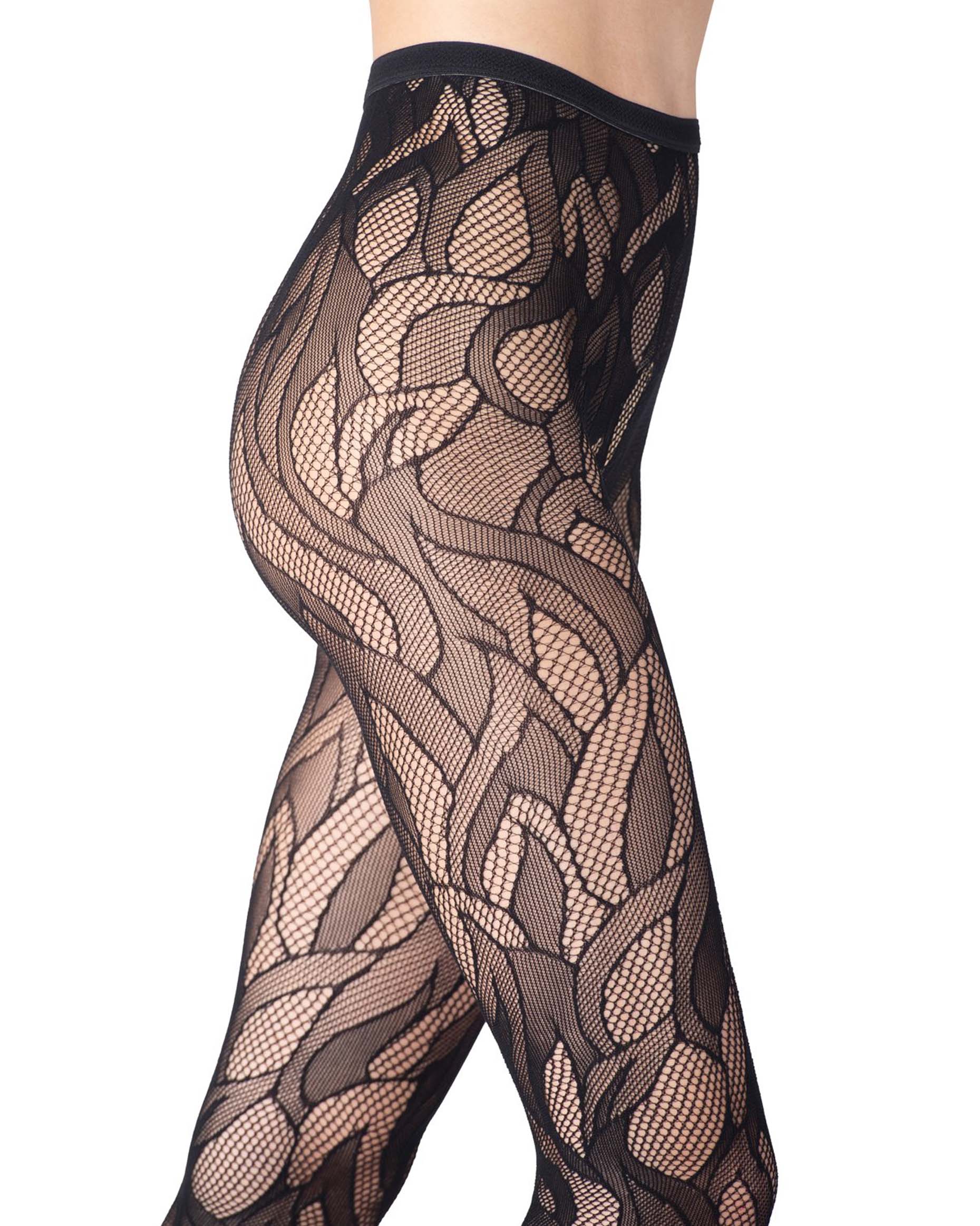 Emilio Cavallini Flames Tights - Black open fishnet tights with a stylised flame pattern and seamless body.