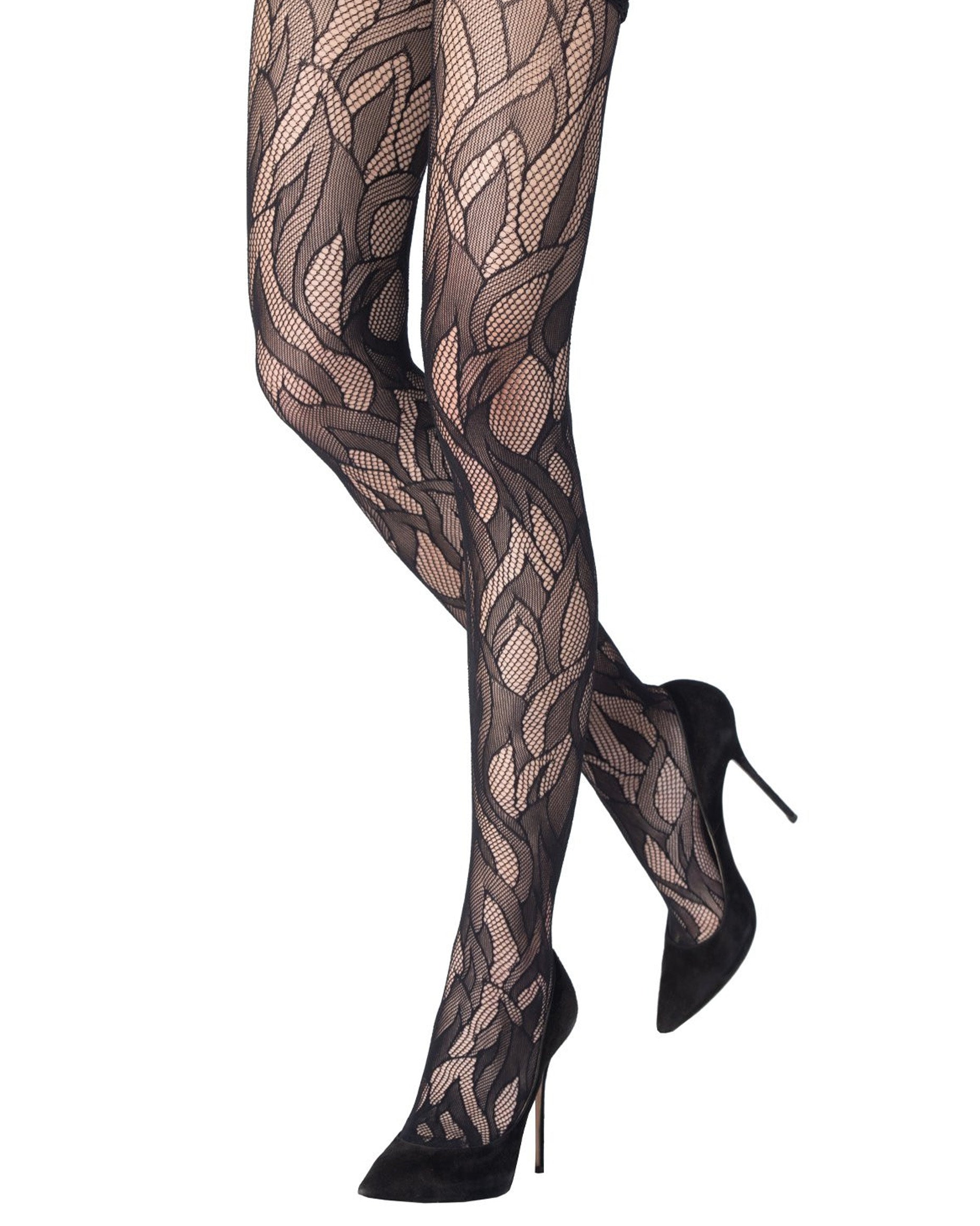 Emilio Cavallini Flames Tights - Black open fishnet tights with a stylised flame pattern worn with black high heels.
