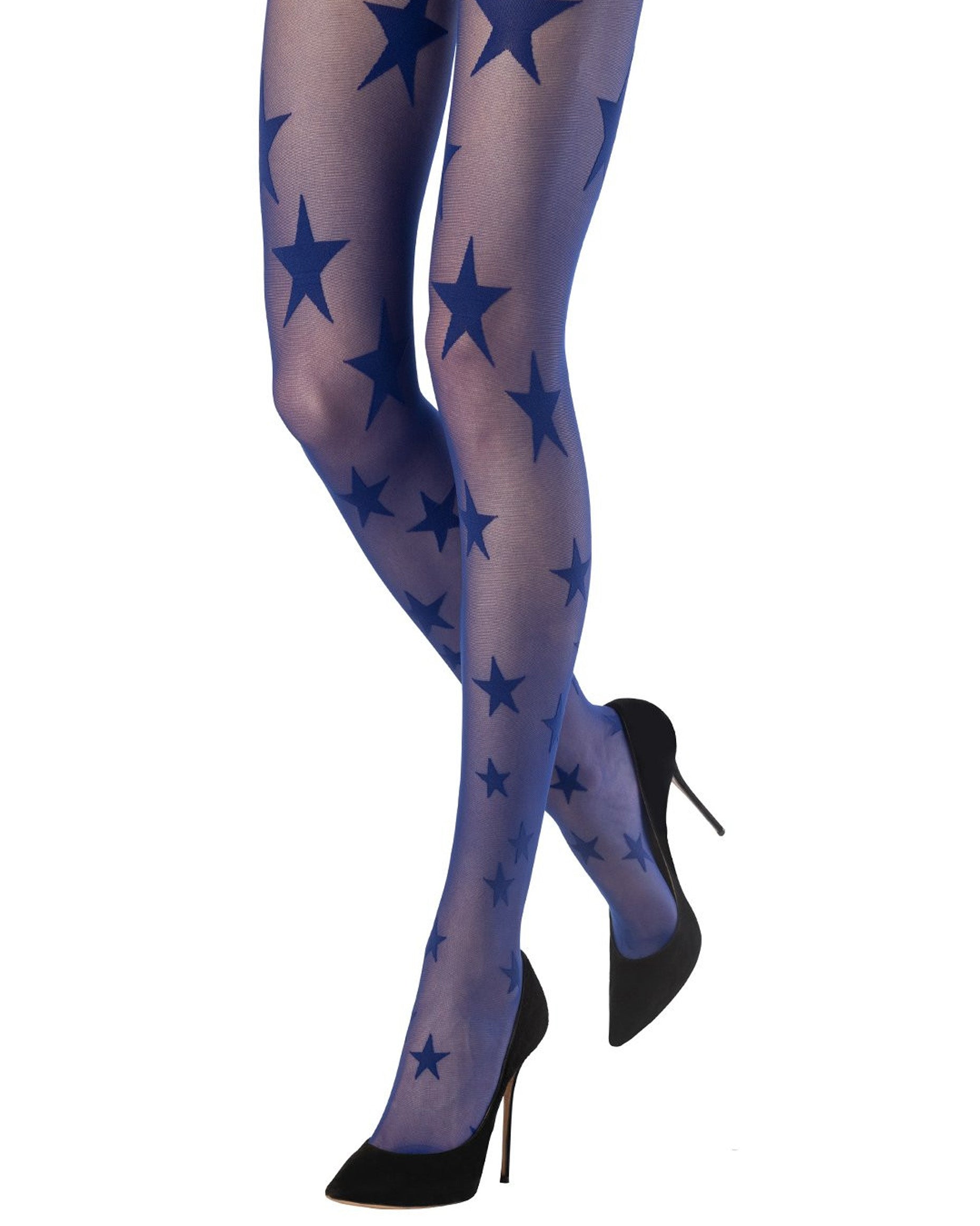 Emilio Cavallini Galaxy Tights - Sheer dark blue fashion tights with an all over stars pattern, worn with high heels.