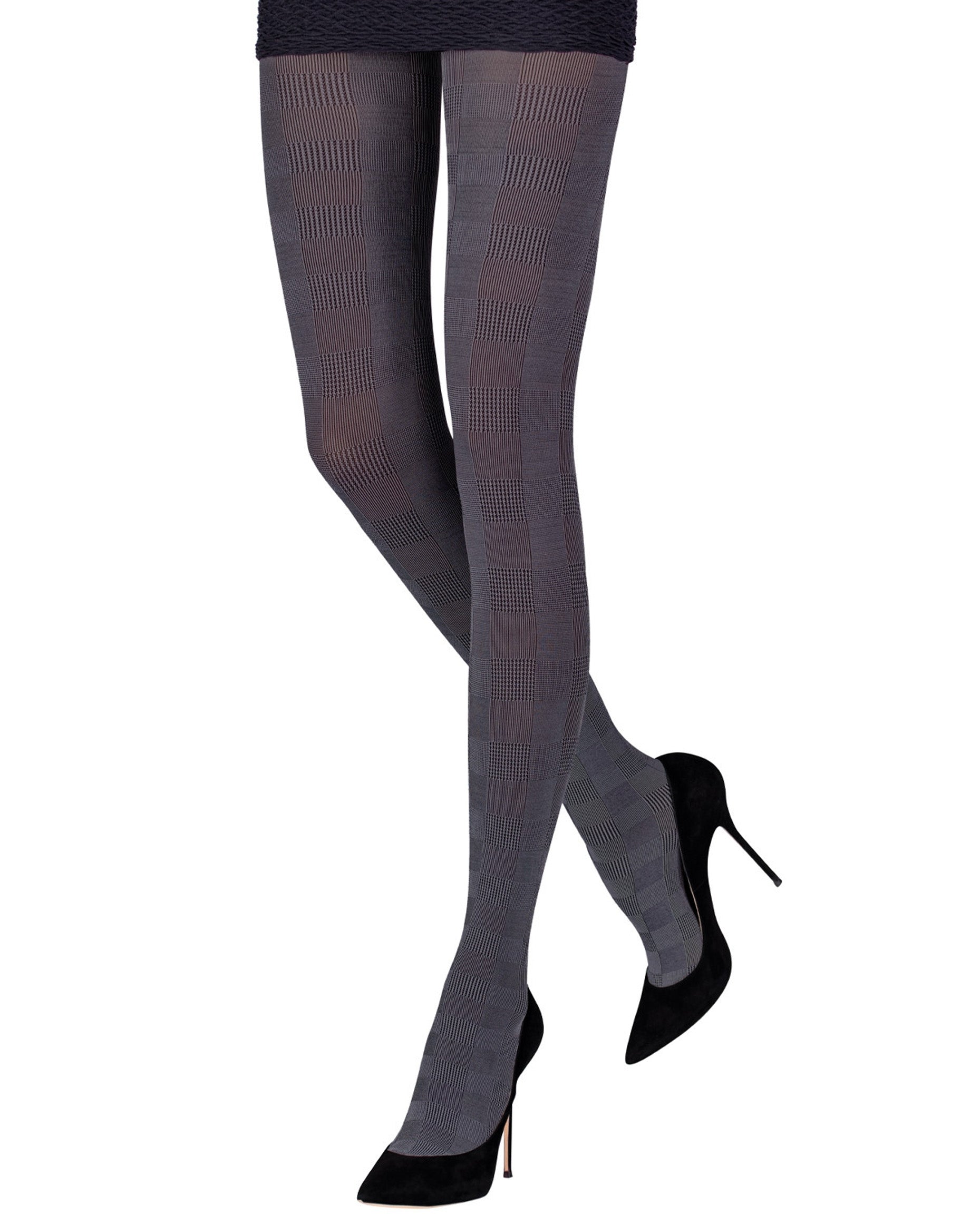 Emilio Cavallini Glen Plaid Tights - Opaque fashion tights with a woven plaid check style pattern in black and grey. Worn with black mini skirt and high heels.