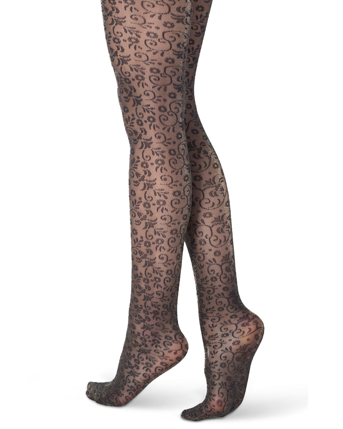 Sheer black fashion tights with an all over floral pattern with sparkly gold lamé, perfect for party season