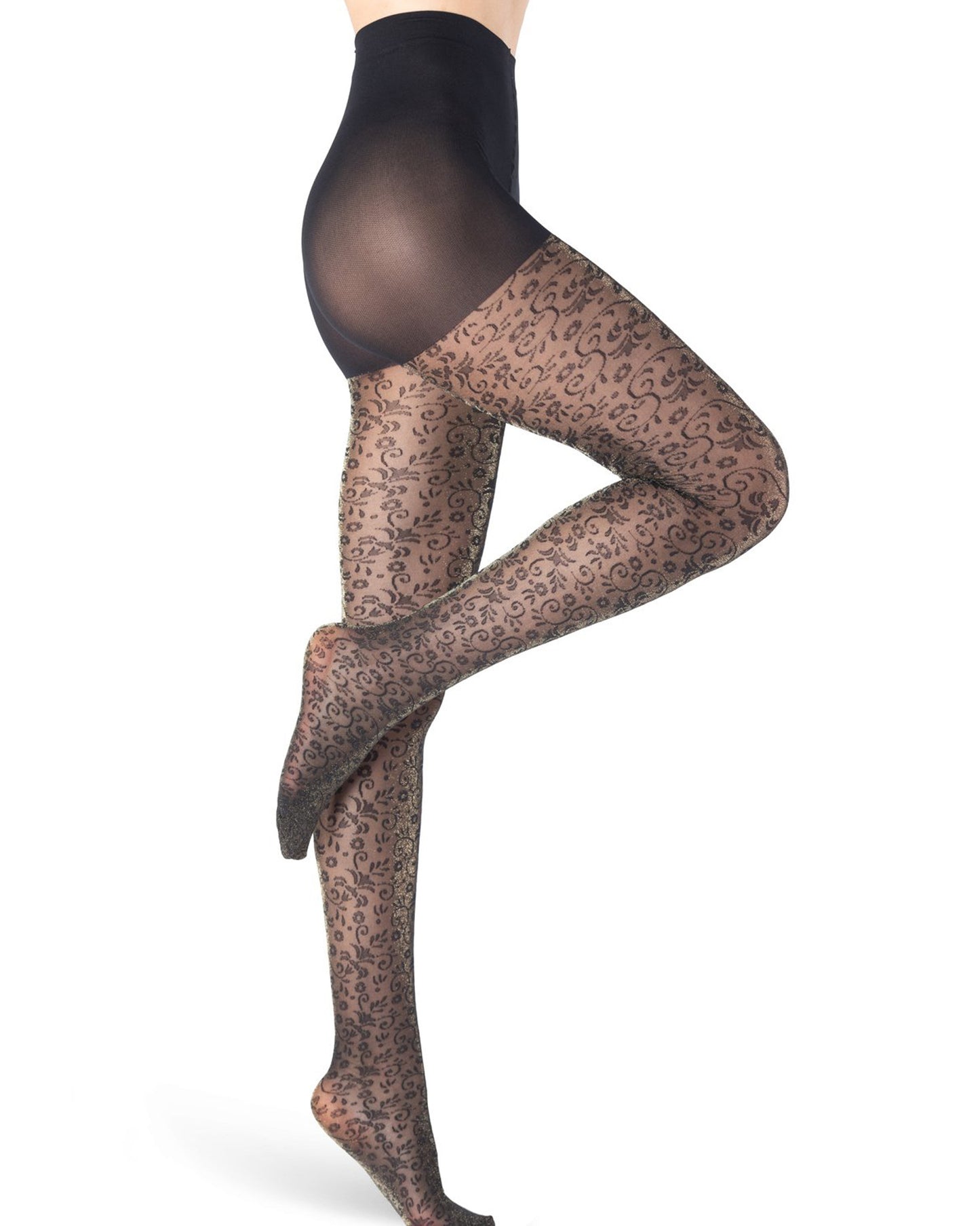 Sheer black fashion tights with an all over floral pattern with sparkly gold lamé, plain boxer brief, flat seams and gusset.