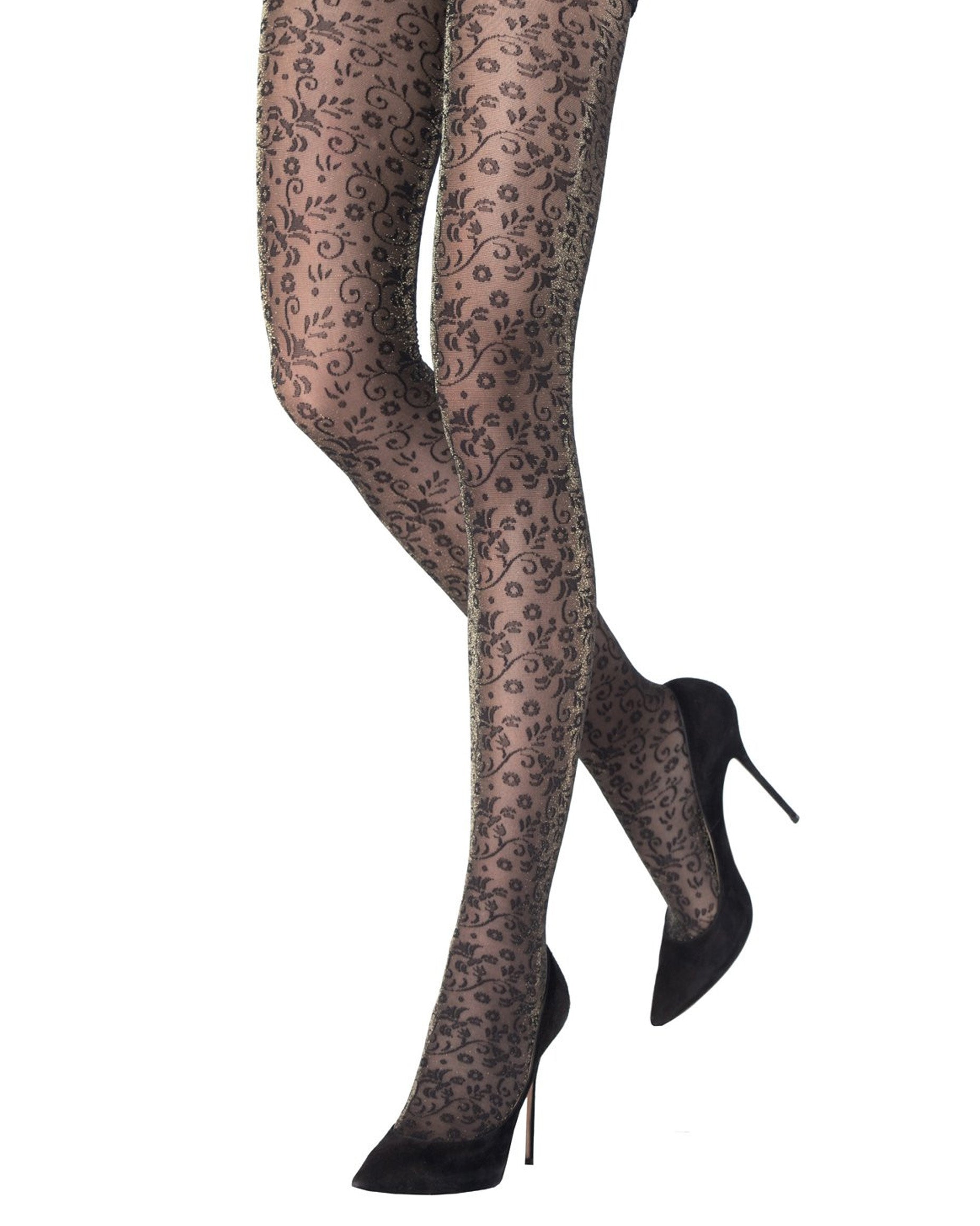 Emilio Cavallini Golden Orchid Tights - Sheer black fashion tights with an all over floral pattern with sparkly gold lamé lurex