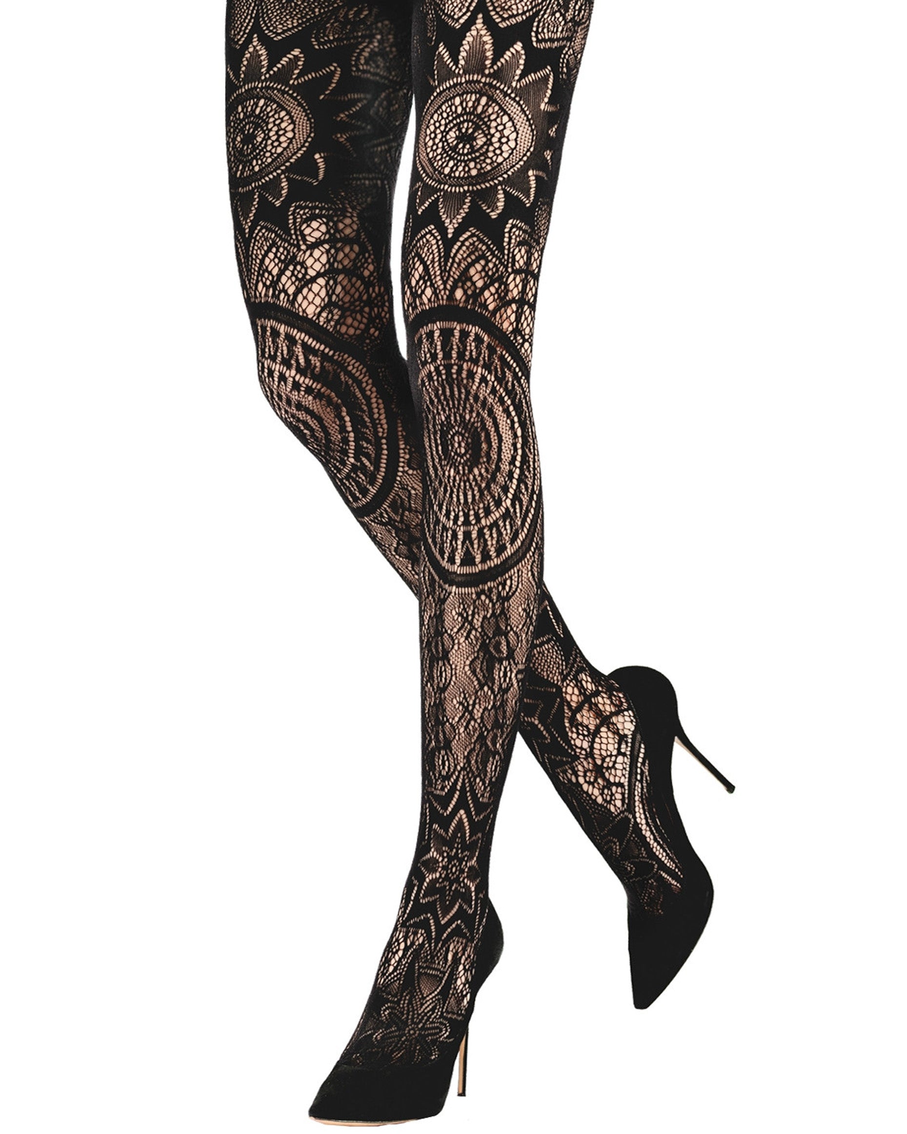 Emilio Cavallini Gothic Lace Tights - Black openwork lace tights in a gothic mandala style, worn with black high heels.