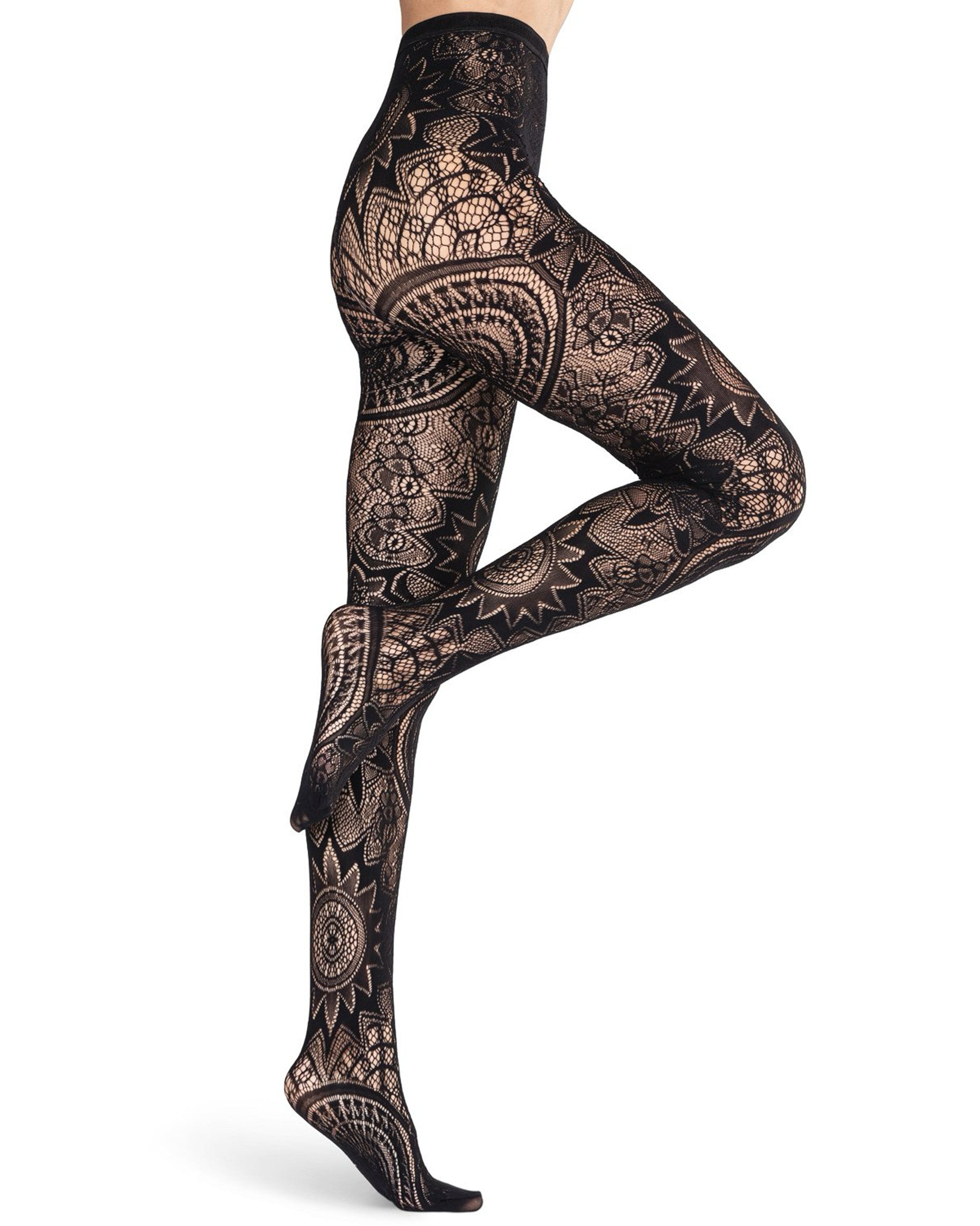 Emilio Cavallini Gothic Lace Tights - Black openwork lace tights in a gothic mandala style, side view.