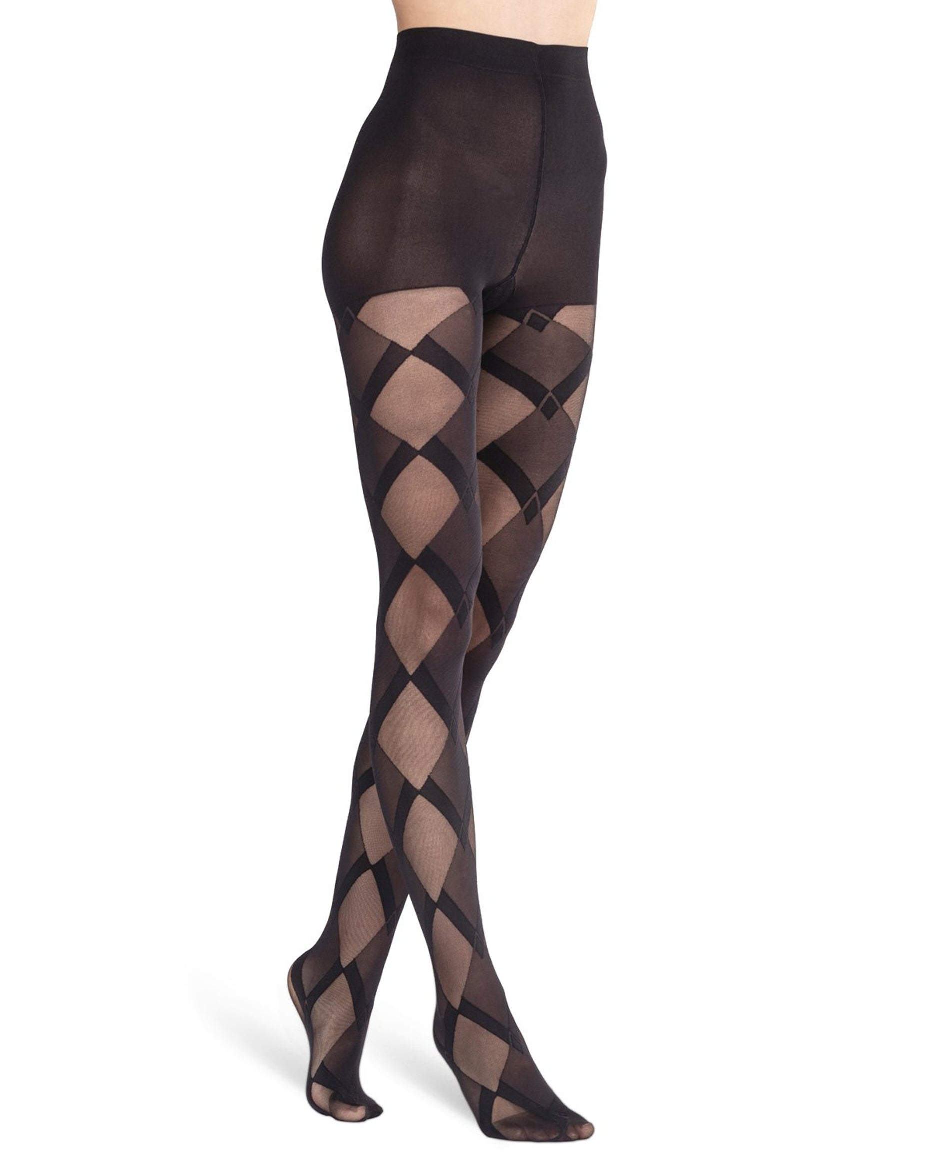 Sheer black fashion tights with an opaque and semi-opaque diamond style pattern, boxer top brief