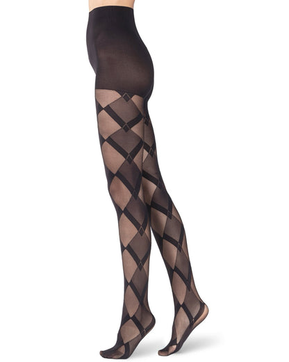 Sheer black fashion tights with an opaque and semi-opaque diamond style pattern, boxer top brief