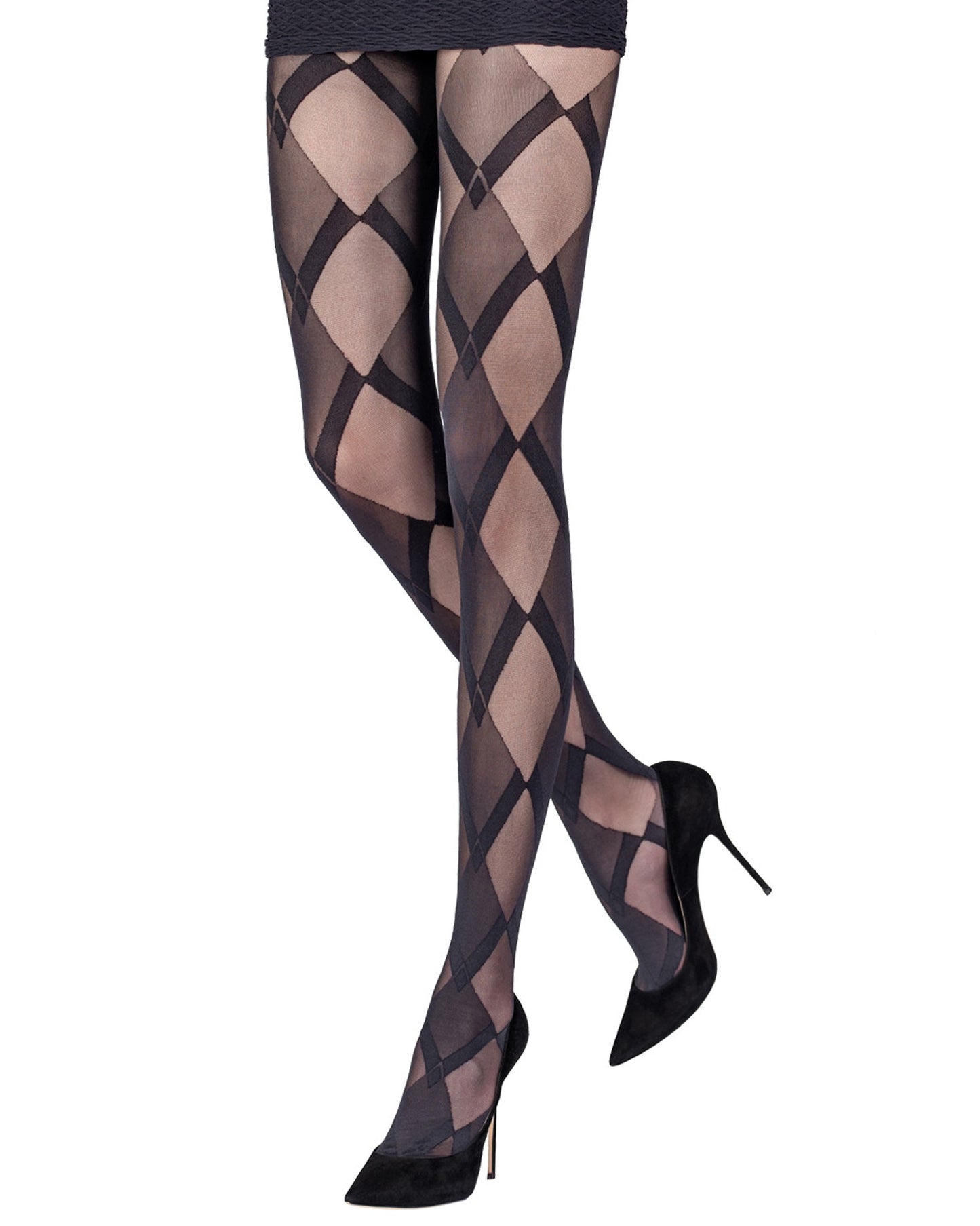 Sheer black fashion tights with an opaque and semi-opaque diamond style pattern, worn with black mini skirt and stilettos