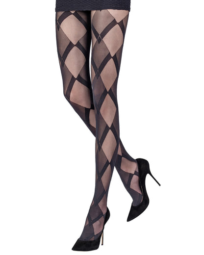 Sheer black fashion tights with an opaque and semi-opaque diamond style pattern, worn with black mini skirt and stilettos