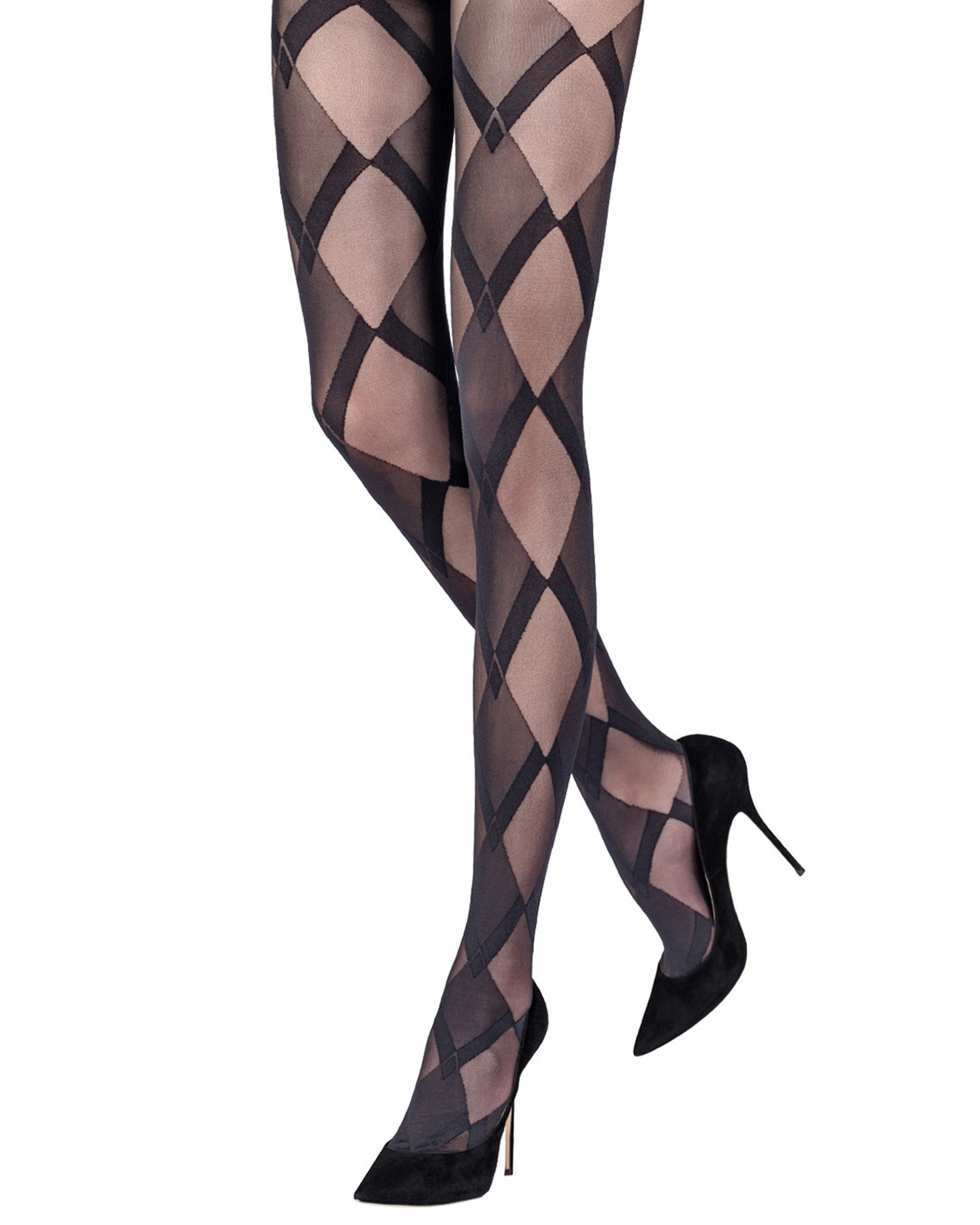 Sheer black fashion tights with an opaque and semi-opaque diamond style pattern, worn with black high heel stilettos