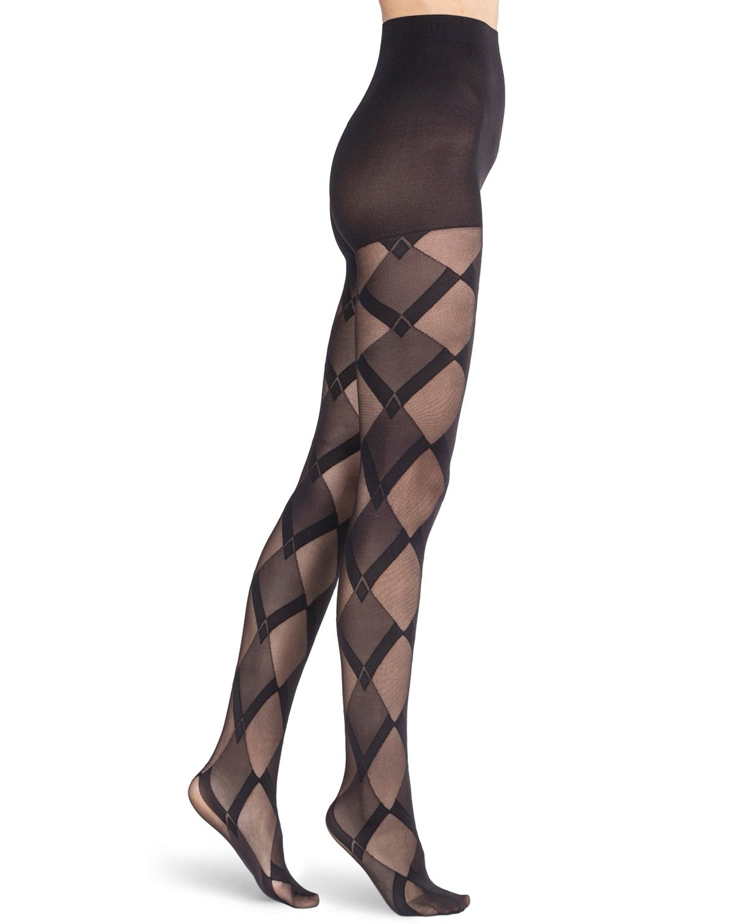 Sheer black fashion tights with an opaque and semi-opaque diamond style pattern, boxer top brief