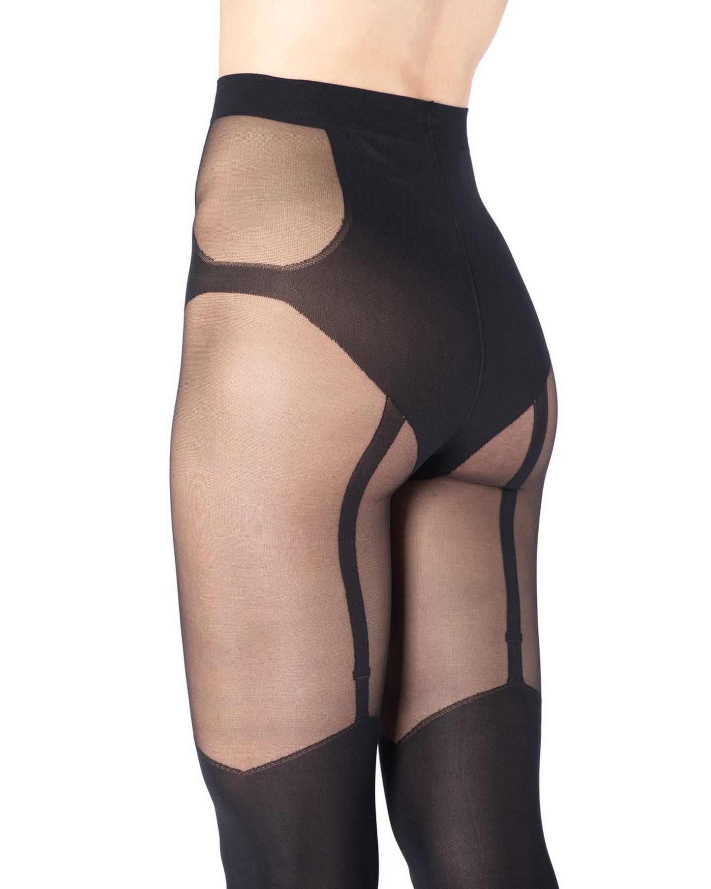 Emilio Cavallini Illusion Garter Tights - Sheer black fashion tights with an opaque faux over the knee stocking with suspender brief detail, flat seams and gusset.
