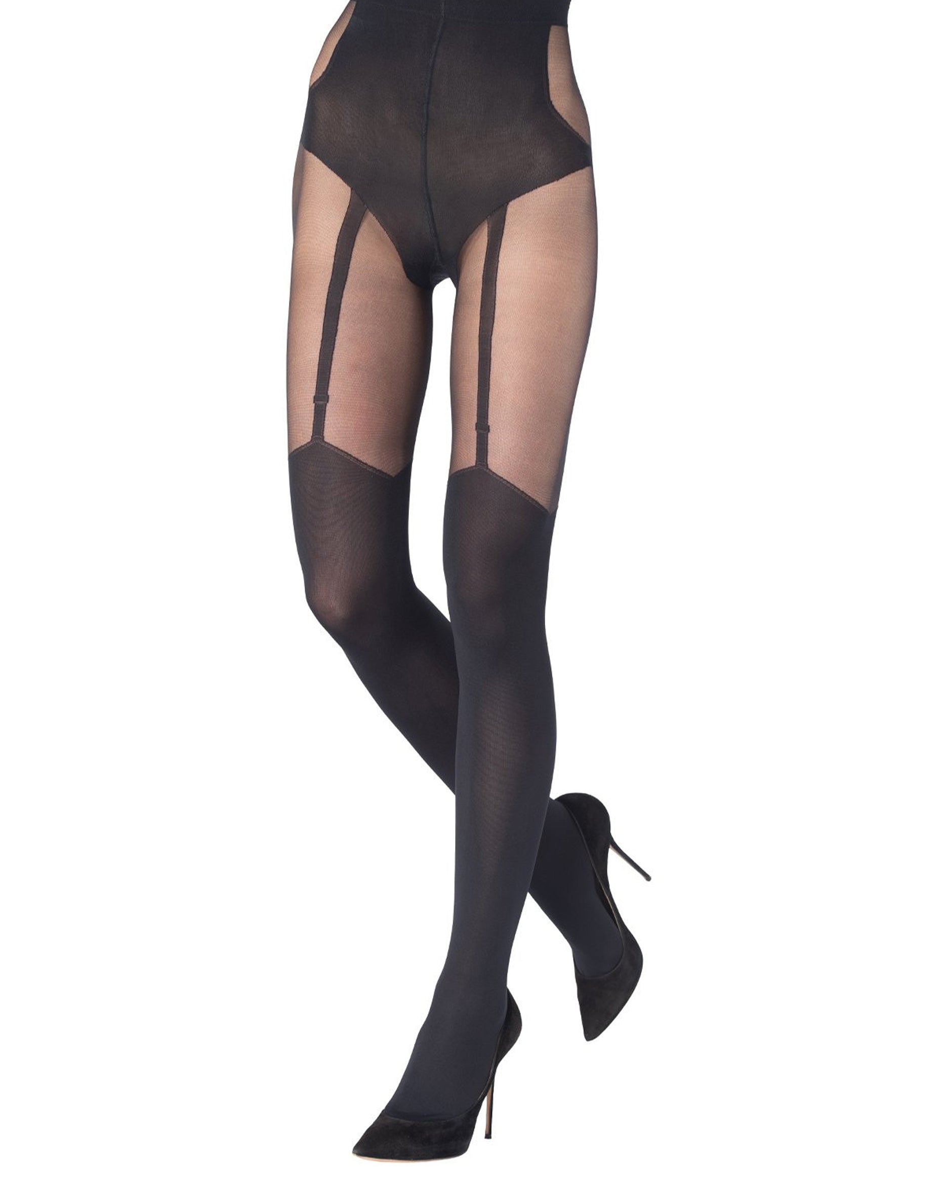 Emilio Cavallini Illusion Garter Tights - Sheer black fashion tights with an opaque faux over the knee stocking with suspender brief detail, flat seams and gusset.