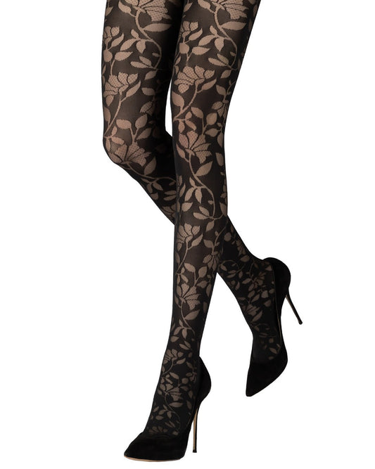 Emilio Cavallini Inlaid Flowers Tights - Black soft opaque fashion tights with a sheer cut-out floral and leaf style pattern, worn with black stilettos.