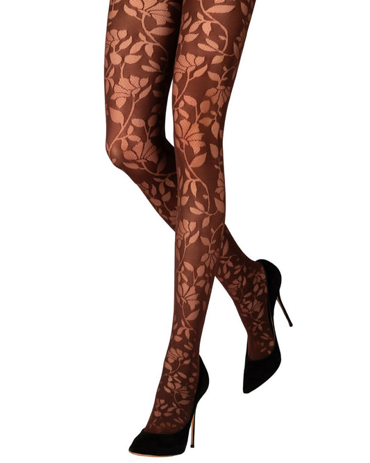 Emilio Cavallini Inlaid Flowers Tights - Brown soft opaque fashion tights with a sheer cut-out floral and leaf style pattern, worn with black stilettos.