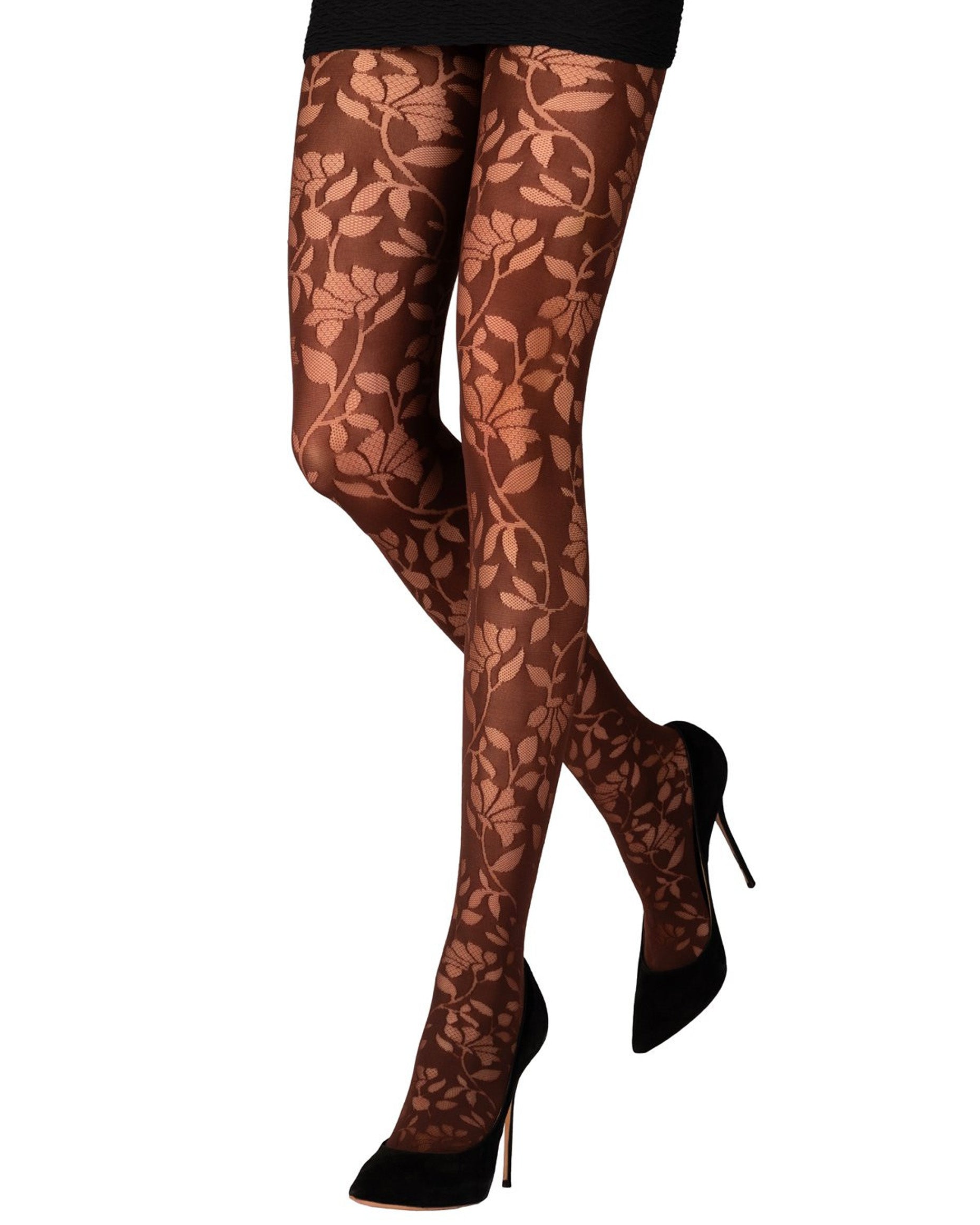 Emilio Cavallini Inlaid Flowers Tights - Brown soft opaque fashion tights with a sheer cut-out floral and leaf style pattern, worn with black mini skirt and high heel stilettos.