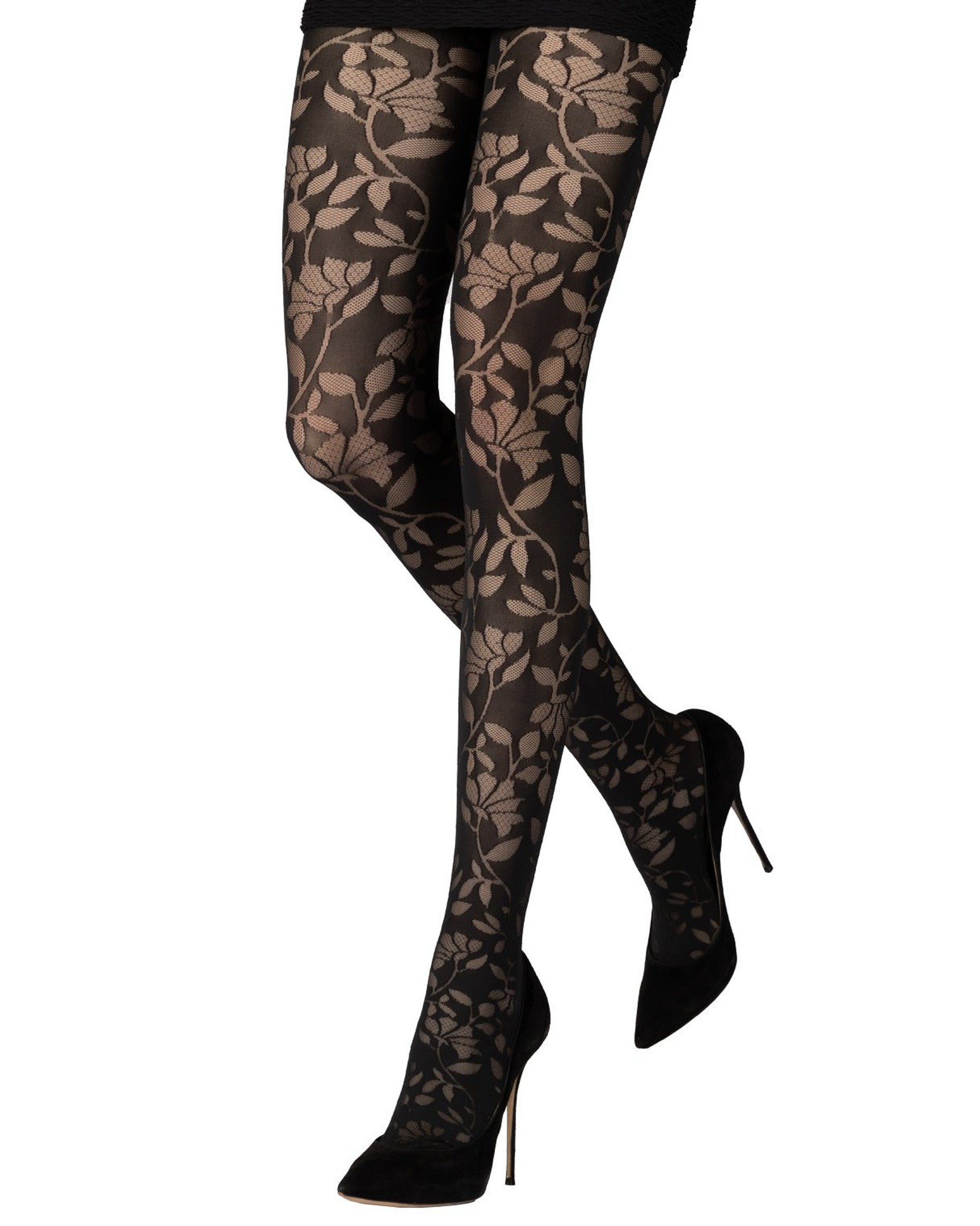 Emilio Cavallini Inlaid Flowers Tights - Black soft opaque fashion tights with a sheer cut-out floral and leaf style pattern, worn with black mini skirt and high heel stilettos.