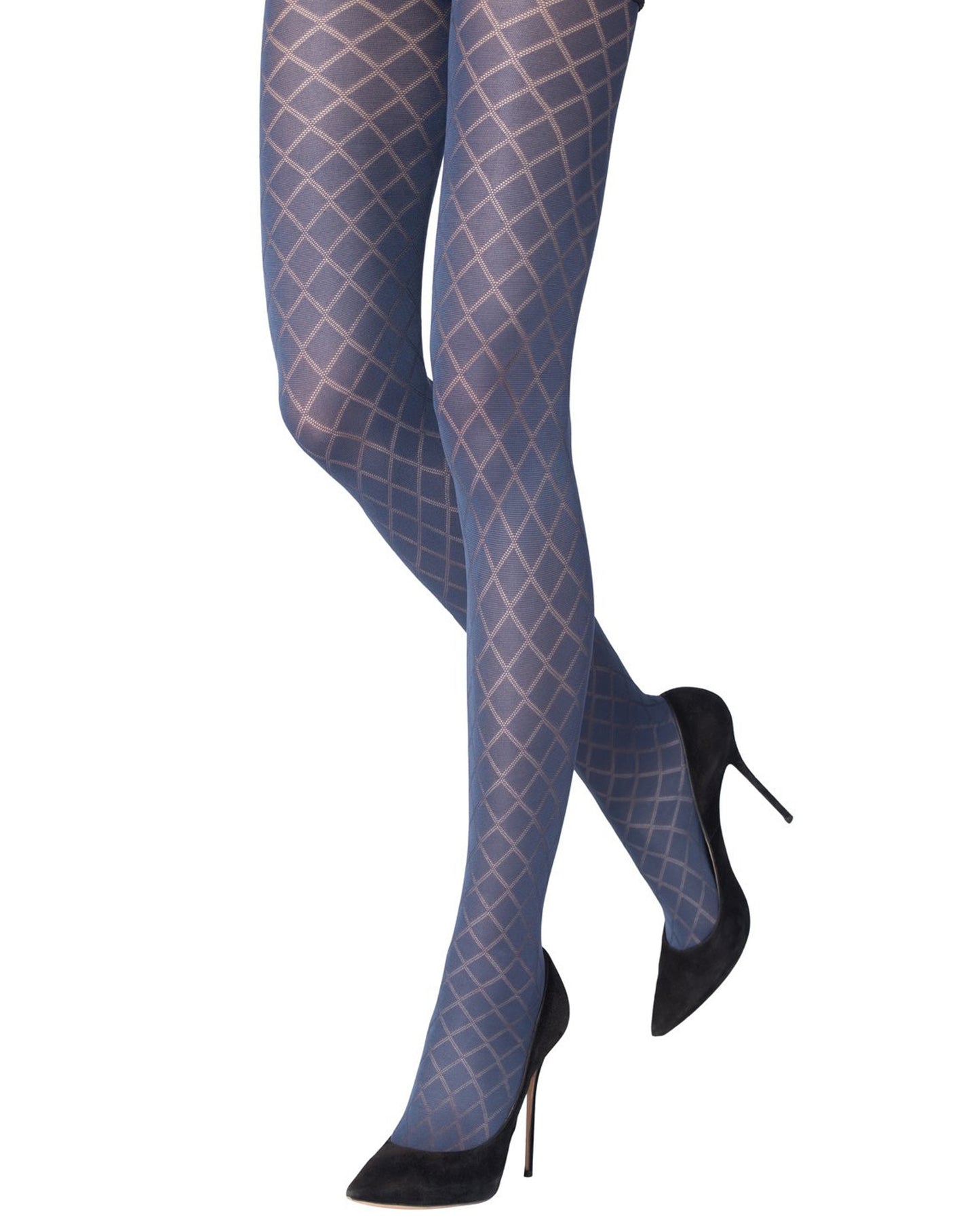 Emilio Cavallini Jacquard Diamonds Tights - Soft matte navy blue opaque patterned tights with a sheer linear diamond pattern, flat seams and gusset. 
