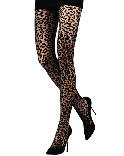 Emilio Cavallini Leopard Tights - sheer black fashion tights with a black opaque animal print pattern, worn with black mini skirt and high heel stilettos