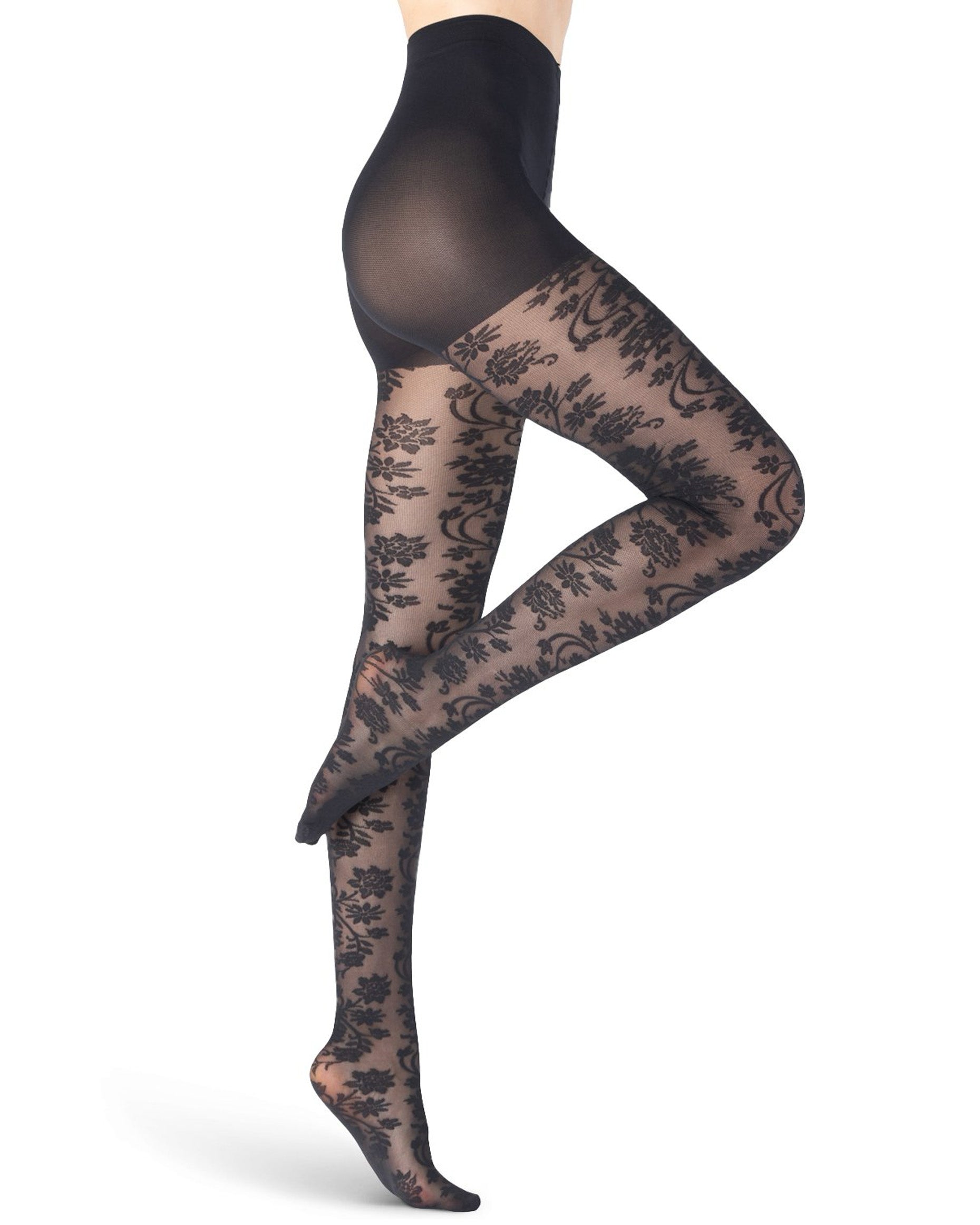 Emilio Cavallini Magnolia Lace Tights - Black semi-sheer micro mesh fashion tights with an all over floral lace style pattern, side view.