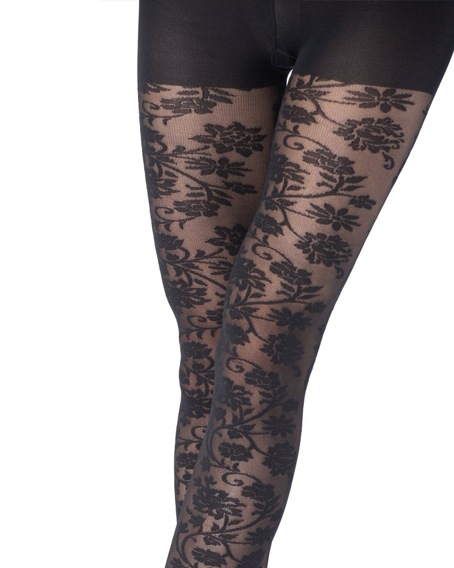 Emilio Cavallini Magnolia Lace Tights - Black semi-sheer micro mesh fashion tights with an all over floral lace style pattern, close up detail.