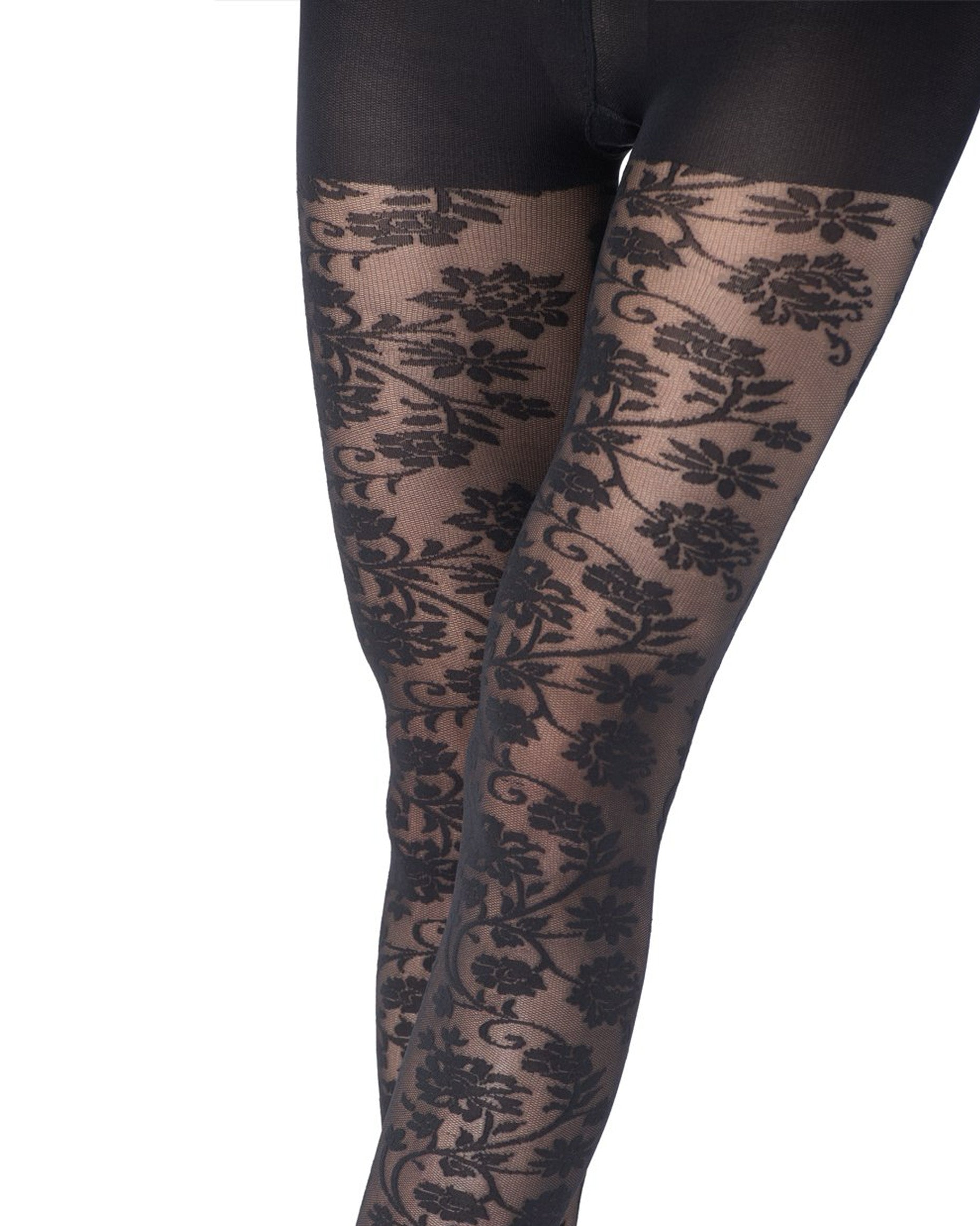 Emilio Cavallini Magnolia Lace Tights - Black semi-sheer micro mesh fashion tights with an all over floral lace style pattern, close up detail.
