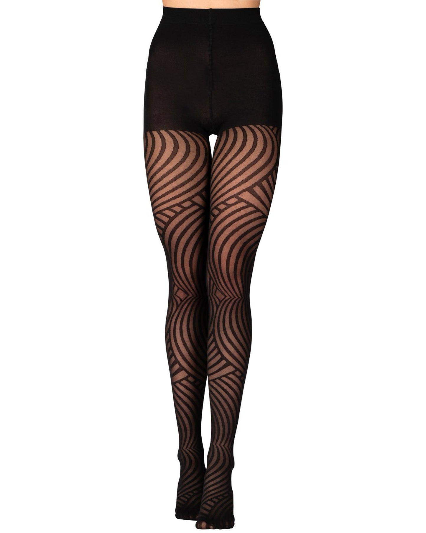 Sheer black patterned tights with a linear swirl pattern and boxer brief.
