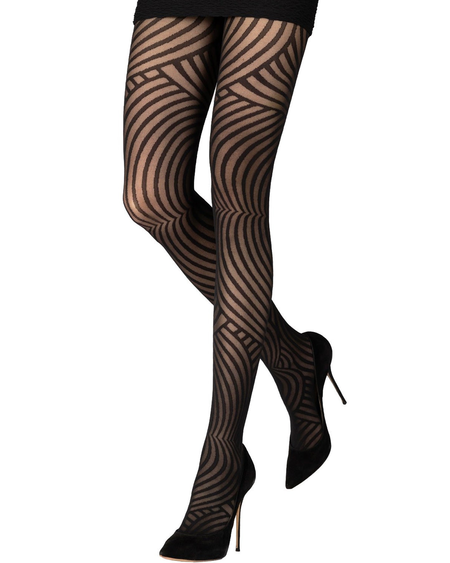 Sheer black patterned tights with a linear swirl pattern, worn with black mini skirt and high heels.