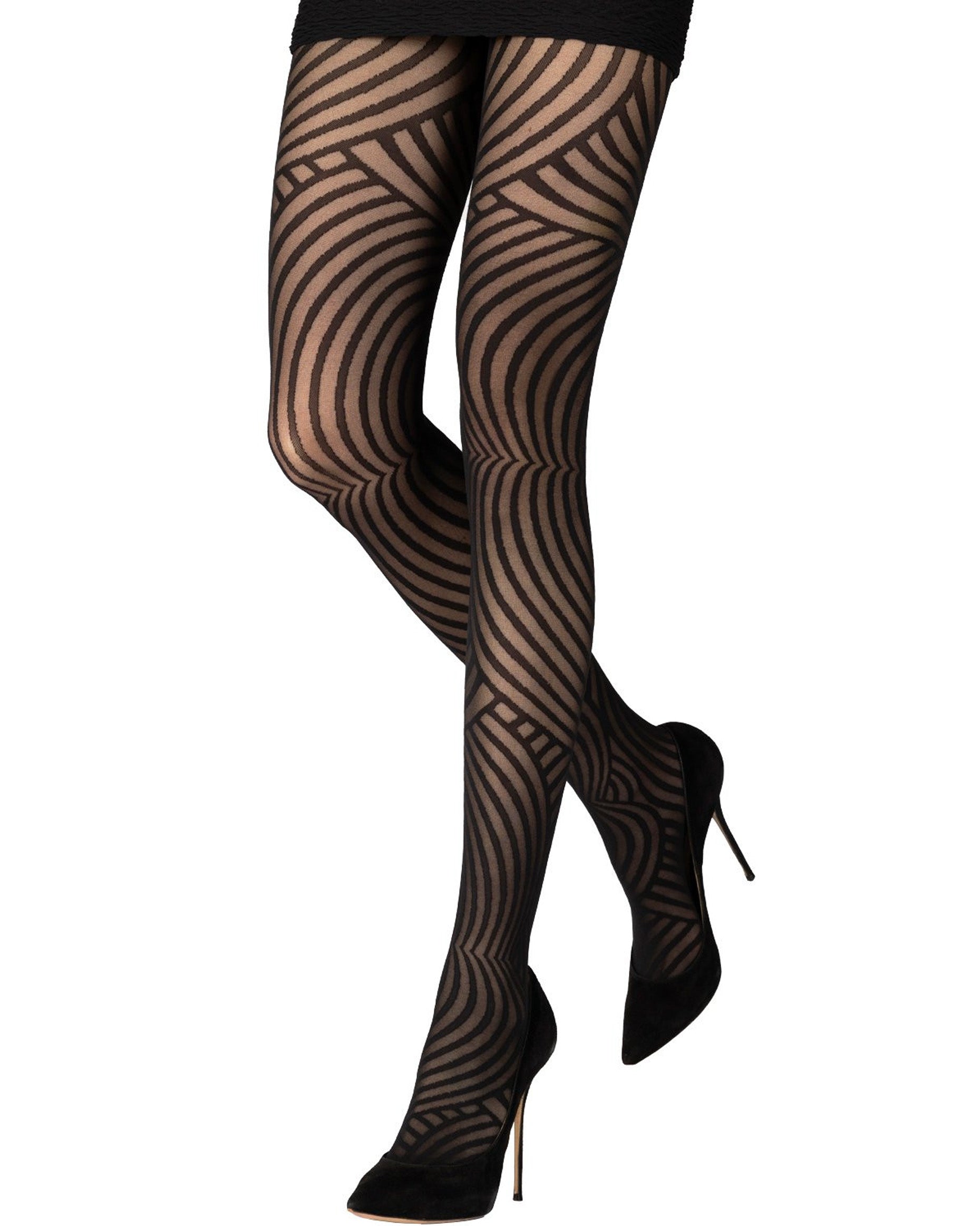 Sheer black patterned tights with a linear swirl pattern, worn with black mini skirt and high heels.