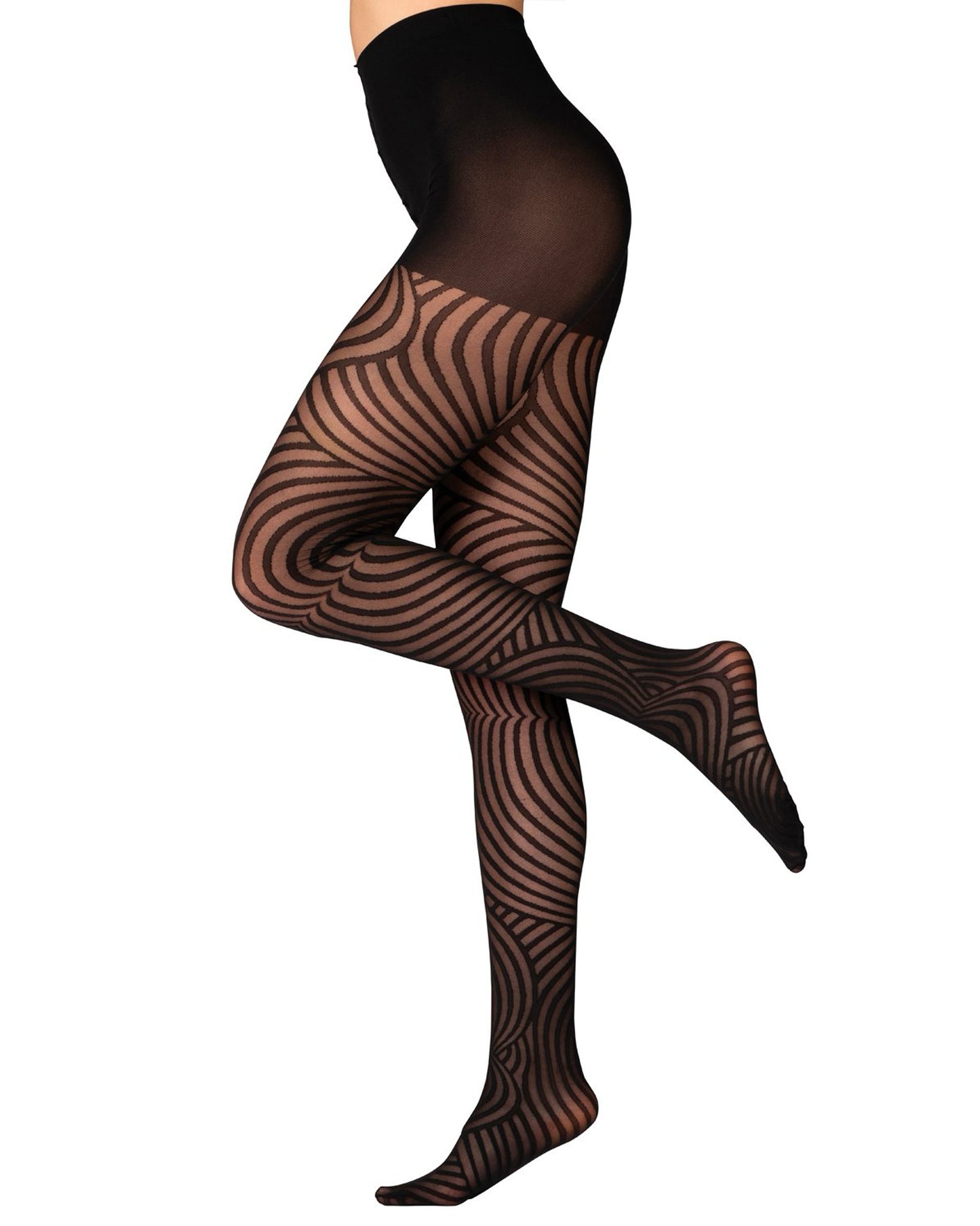 Sheer black patterned tights with a linear swirl pattern and boxer brief. Side view.