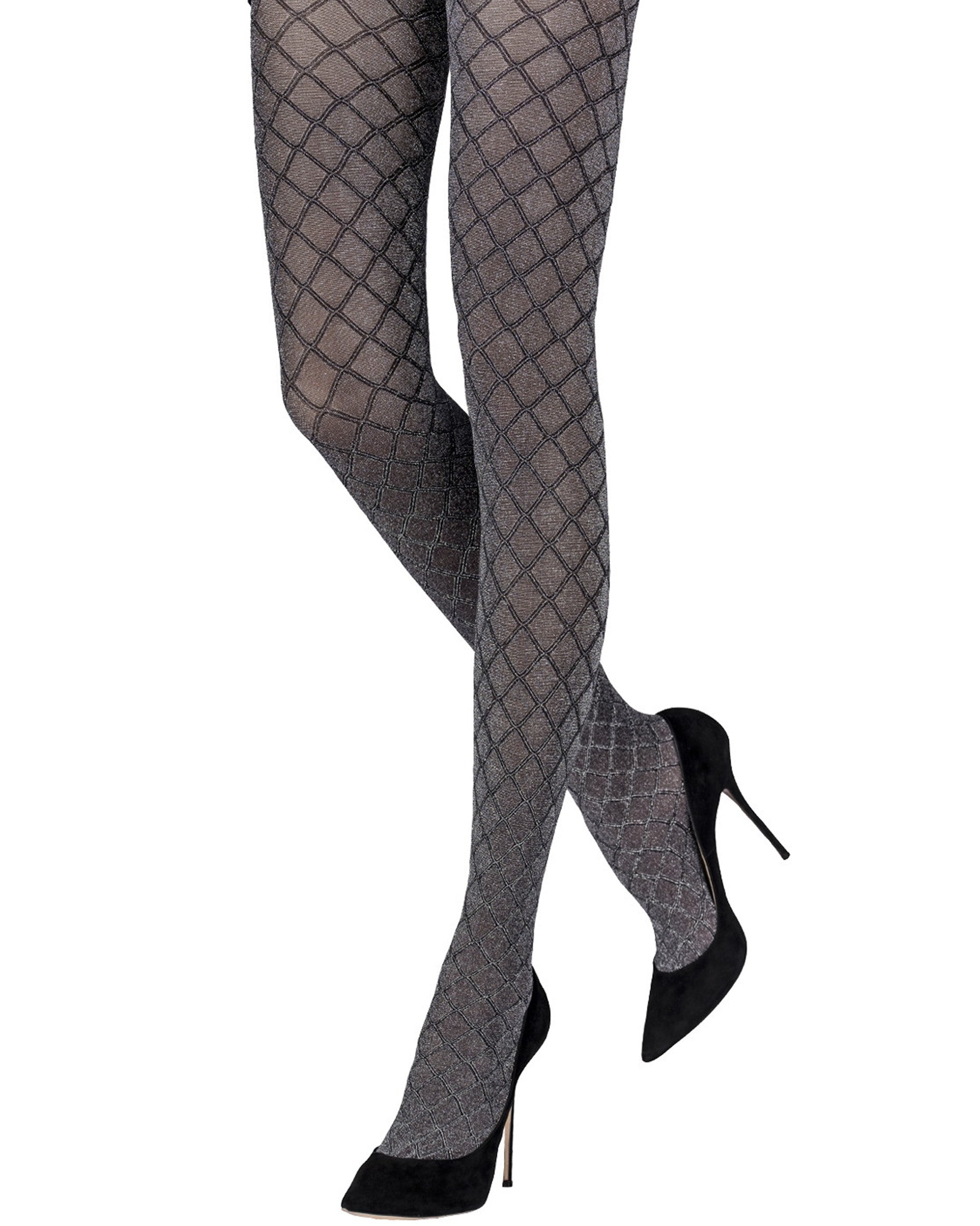 Emilio Cavallini Metallized Diamond Tights - Semi opaque black tights with an all over enclosed fishnet style textured pattern with sparkly gold lamé throughout, perfect for party season.