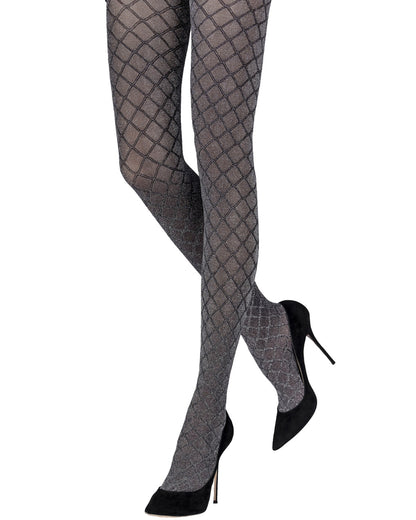 Emilio Cavallini Metallized Diamond Tights - Semi opaque black tights with an all over enclosed fishnet style textured pattern with sparkly gold lamé throughout, perfect for party season.