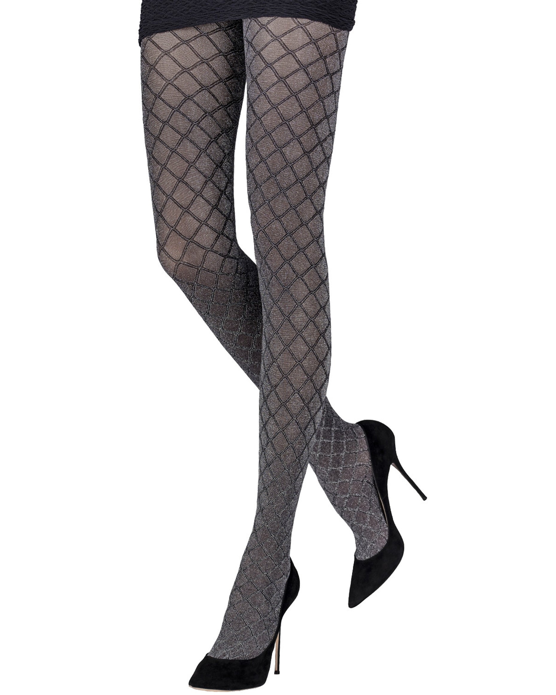 Emilio Cavallini Metallized Diamond Tights - Semi opaque black tights with an all over enclosed fishnet style textured pattern with sparkly silver lamé throughout, worn with black mini skirt and black stiletto heels.
