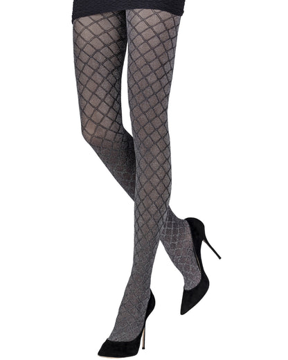 Emilio Cavallini Metallized Diamond Tights - Semi opaque black tights with an all over enclosed fishnet style textured pattern with sparkly silver lamé throughout, worn with black mini skirt and black stiletto heels.