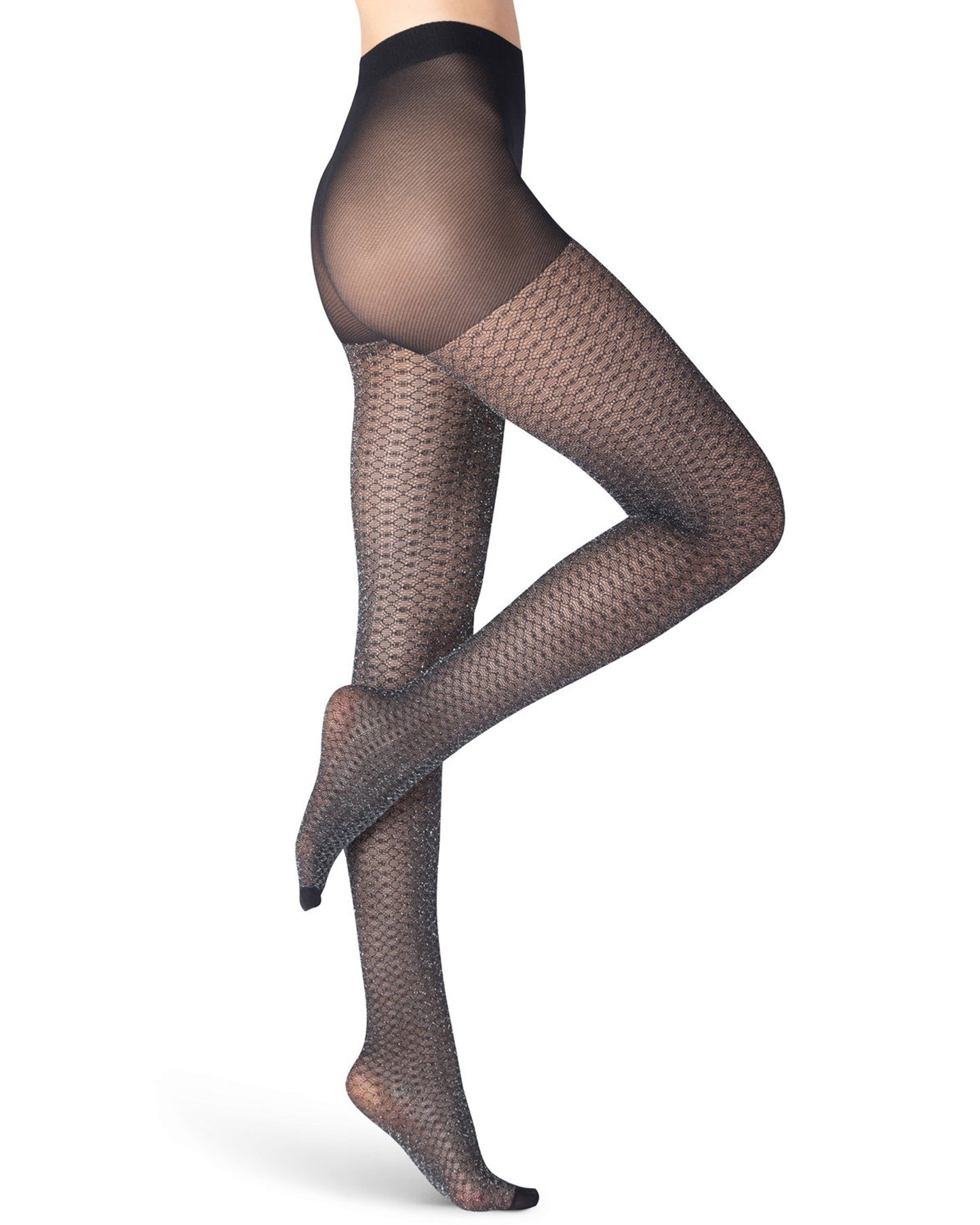 Emilio Cavallini Metallized Beehive Tights - Sheer black micro mesh tights with a circular lace style pattern with sparkly silver lamé, boxer brief, flat seams, gusset and reinforced toe. 