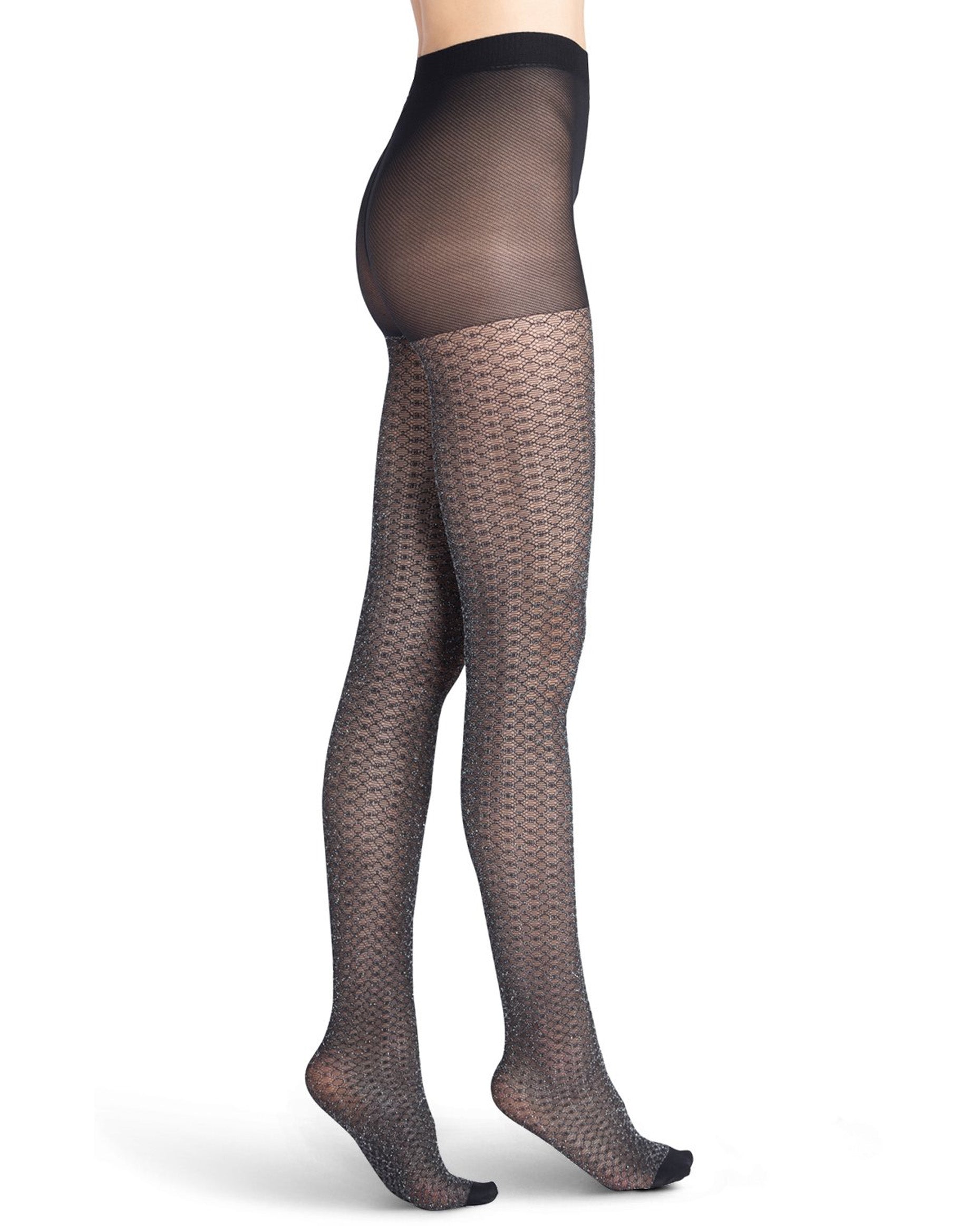 Emilio Cavallini Metallized Beehive Tights - Sheer black micro mesh tights with a circular lace style pattern with sparkly silver lamé, boxer brief, flat seams, gusset and reinforced toe. 